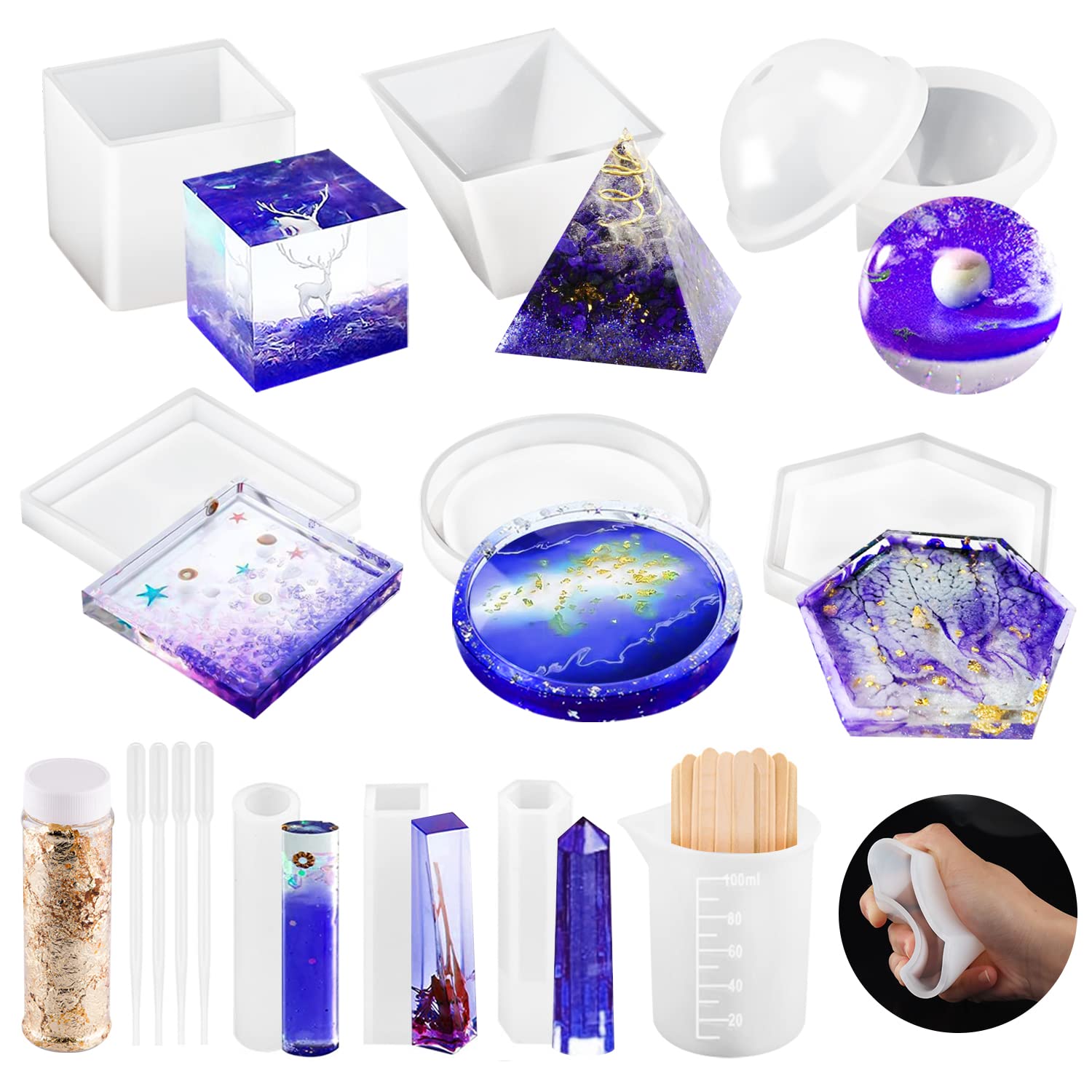 OSELEE 21Pcs Silicone Resin Moulds Kit for Jewelry, Coasters & Candles