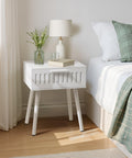 SUMGAR White Fluted Bedside Table – Modern Nightstand with Wood Legs