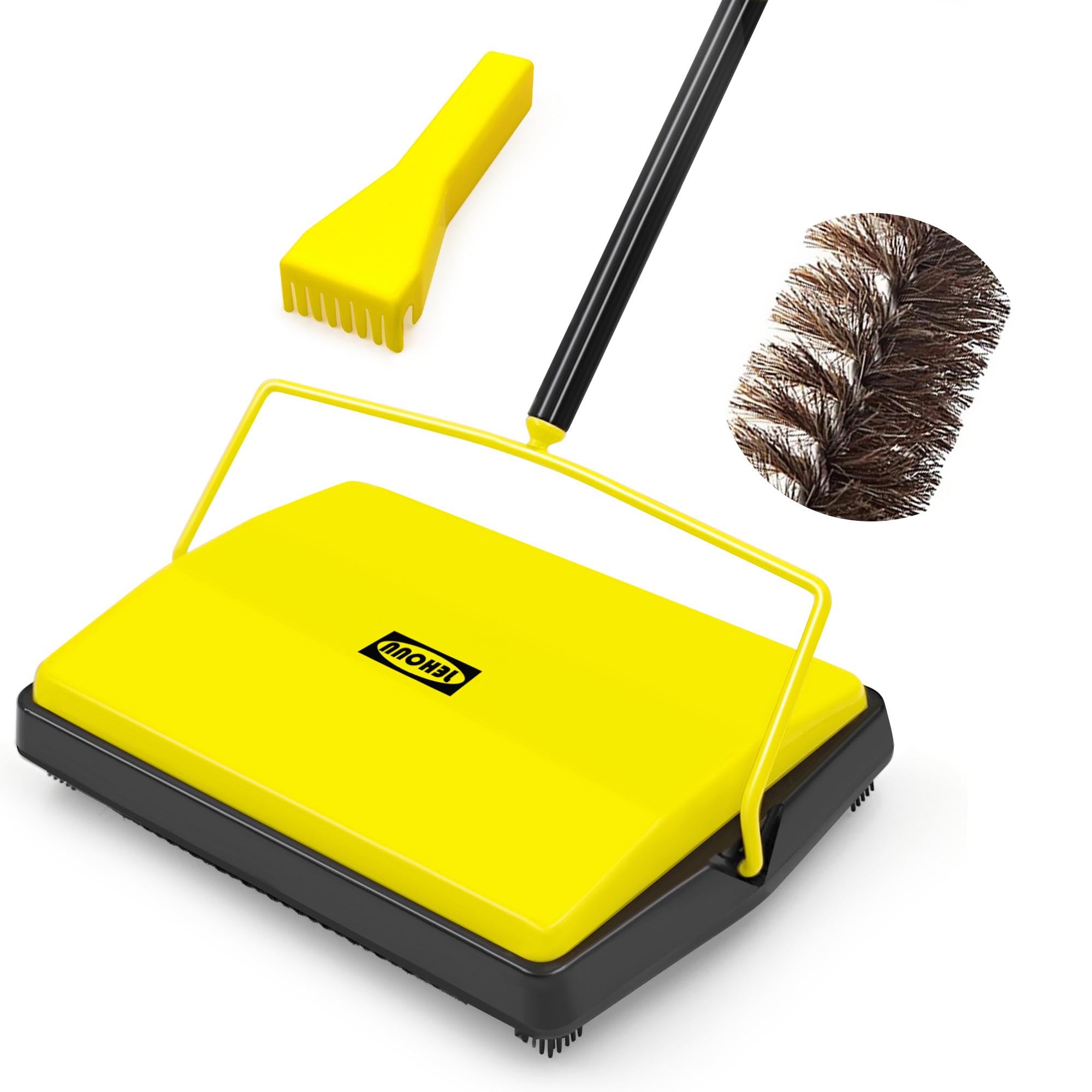 JEHONN Manual Carpet Sweeper | Horsehair Rug Roller for Pet Hair - Yellow