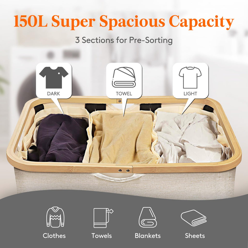 Lifewit 150L Laundry Basket with Lid | 3-Section Hamper with Bamboo Handles