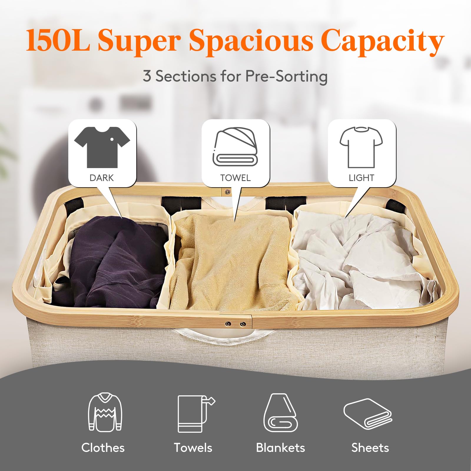 Lifewit 150L Laundry Basket with Lid | 3-Section Hamper with Bamboo Handles
