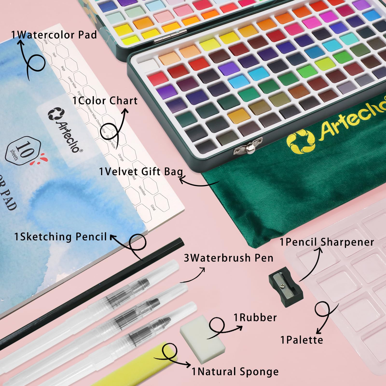 Artecho 168 Color Watercolor Paint Set | Portable Travel Art Kit with Case