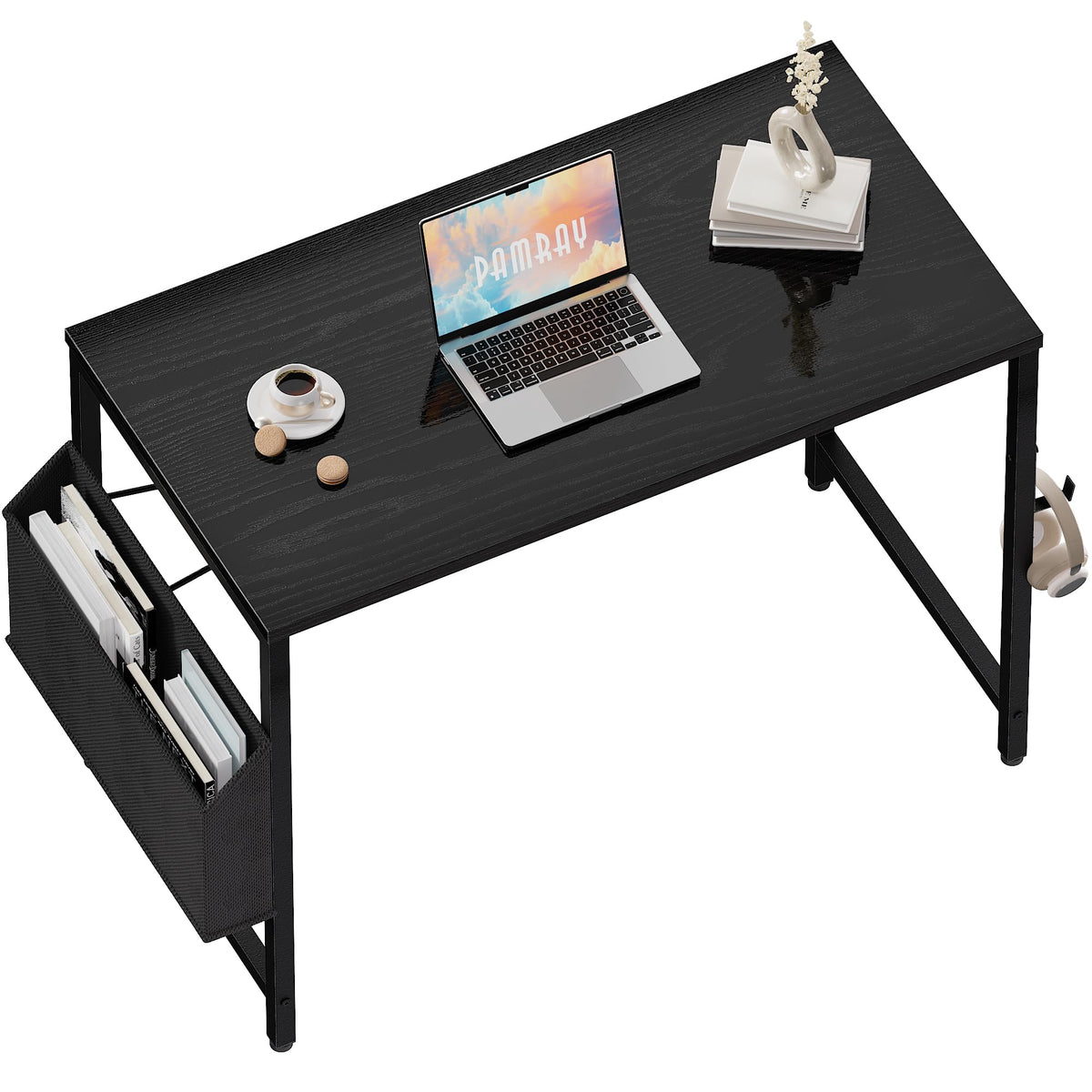 PAMRAY 80x40cm Computer Desk for Small Spaces with Storage Bag, Home Office Work Desk with Headphone Hook, Small Office Study Writing Table, Black