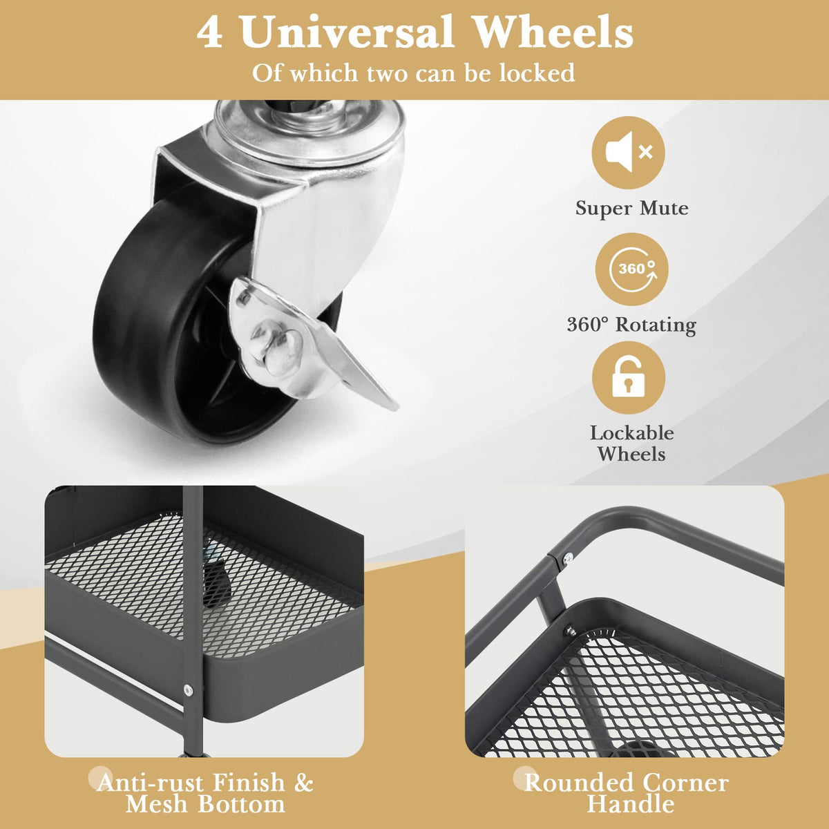 GiantexUK 3-Tier Storage Cart on Wheels, Metal Serving Trolley Grey - image 3