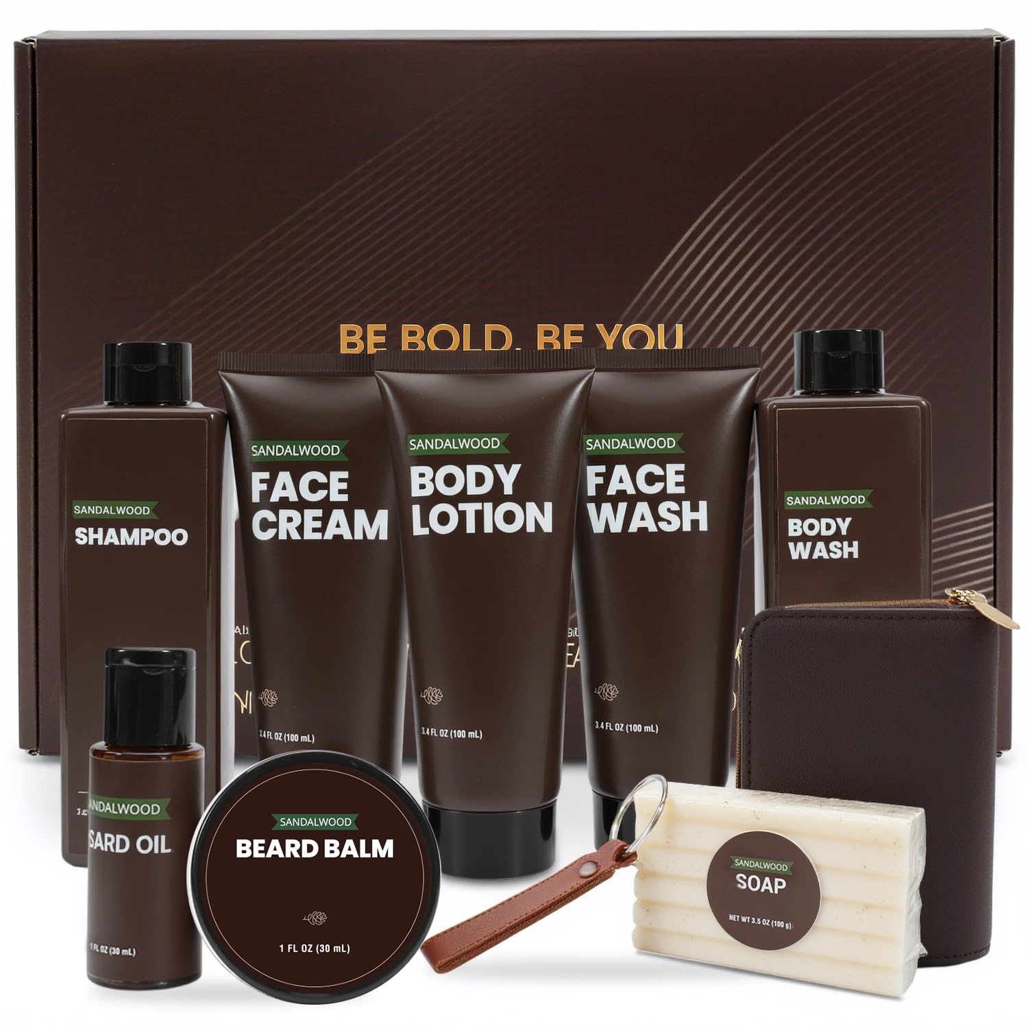 Jolof Store Sandalwood Mens Grooming Kit - 10PC Beard Care & Bath Gift Set