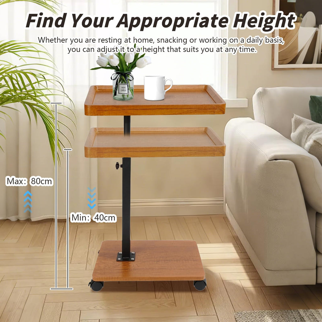 XUDREZ Adjustable Side Table, C Shaped Small Table with 4 Wheels 364° Swivel Tray, End Table for Living Room Bedroom Sofa Small Spaces Wood color