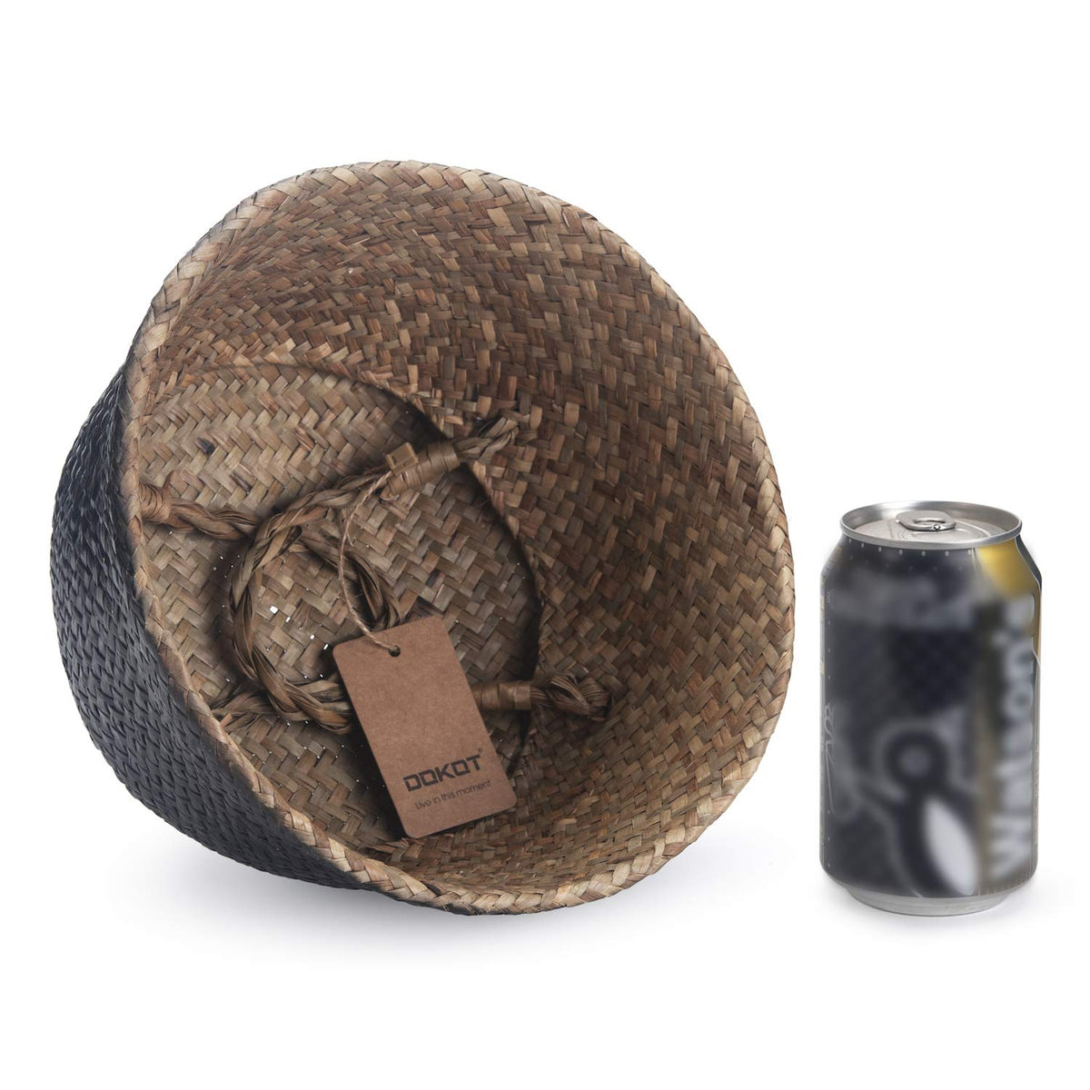 Seagrass Belly Basket Natural Woven Plant Pot Foldable with Handles for Storage Laundry Blankets Toys Natural + Black