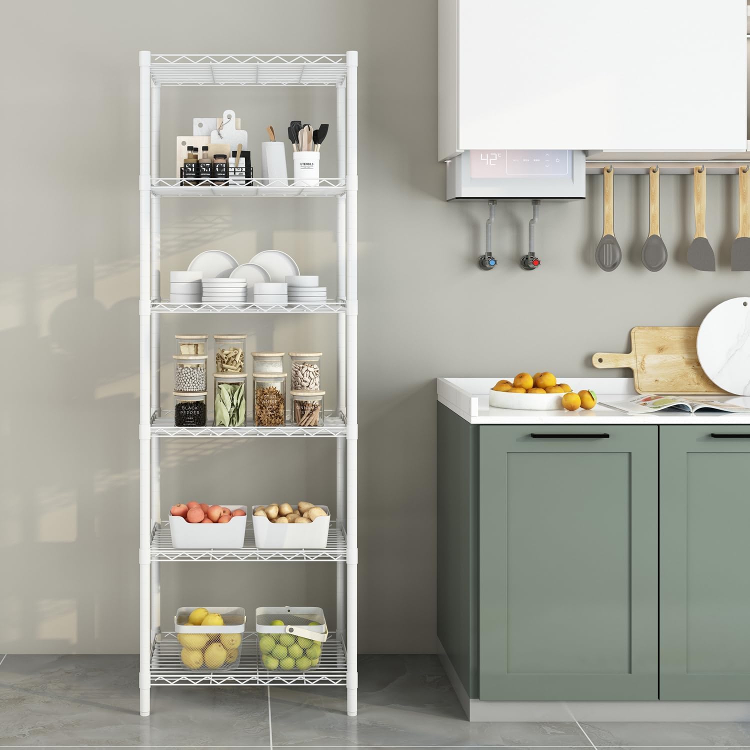 FTEYUET 6-Tier Metal Wire Shelving Unit – Heavy Duty Storage Rack, White