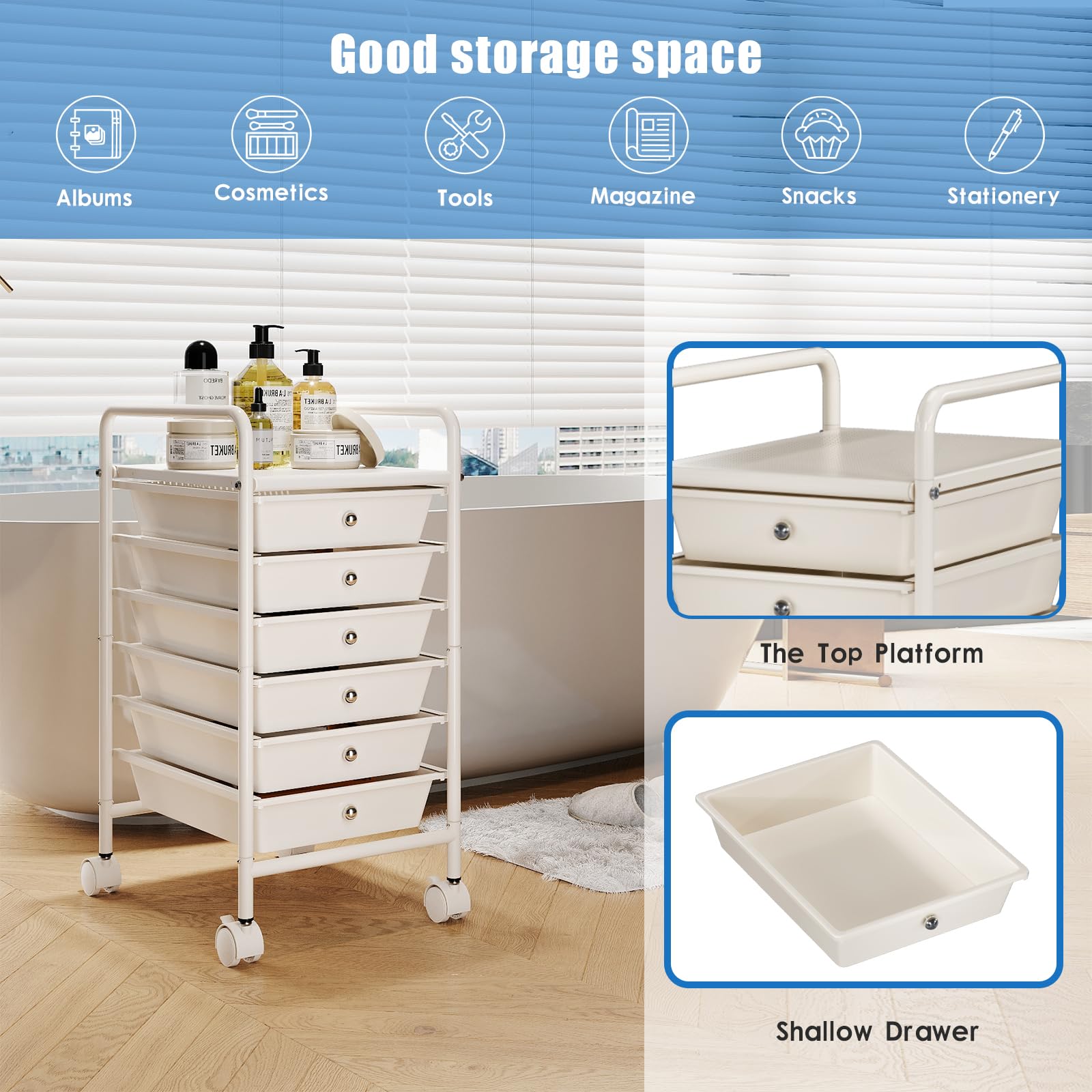 Johgee 6-Drawer Rolling Storage Cart | Mobile Utility Trolley with Wheels