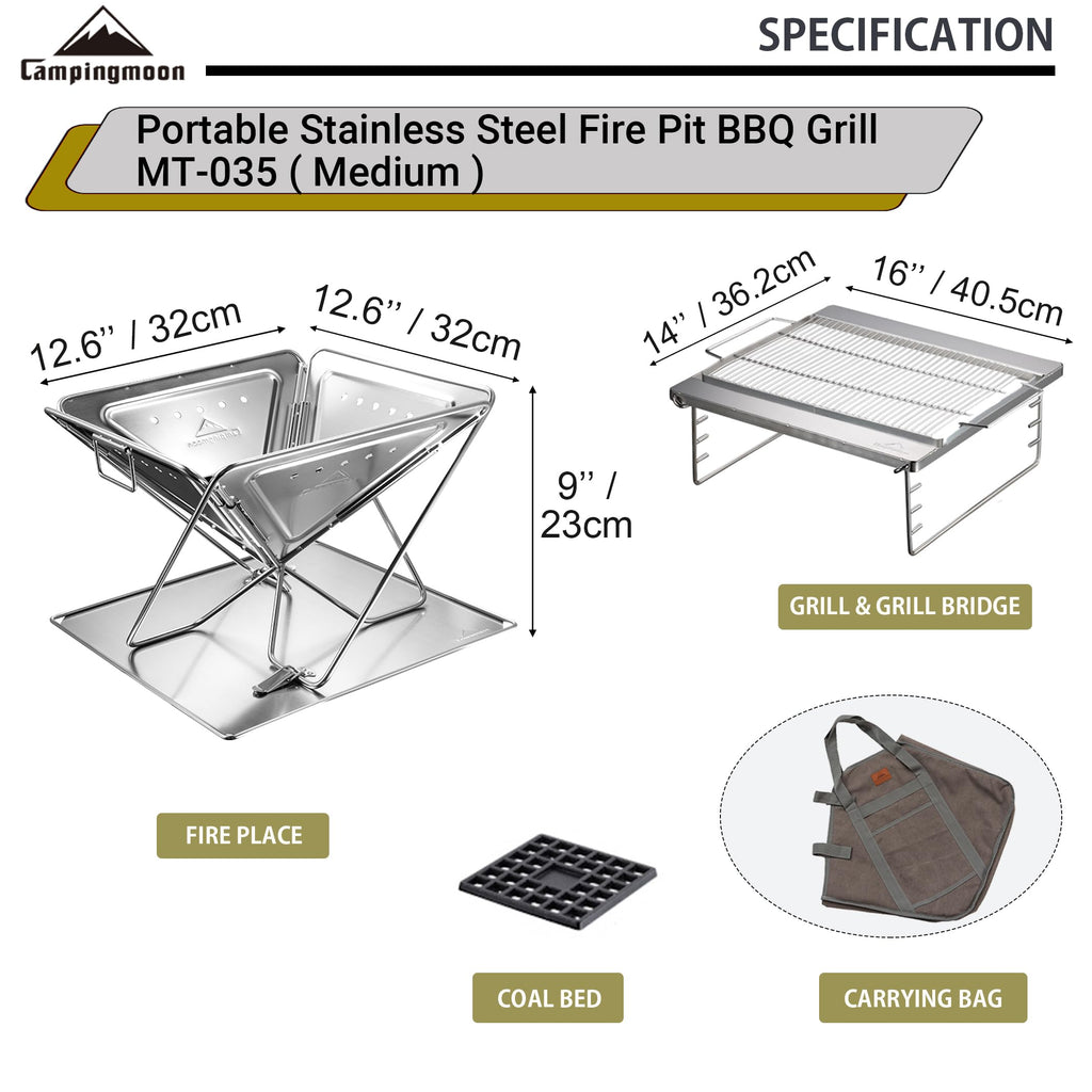 CAMPINGMOON 3-in-1 Portable Stainless Steel Wood Burning Grill & Fire Pit