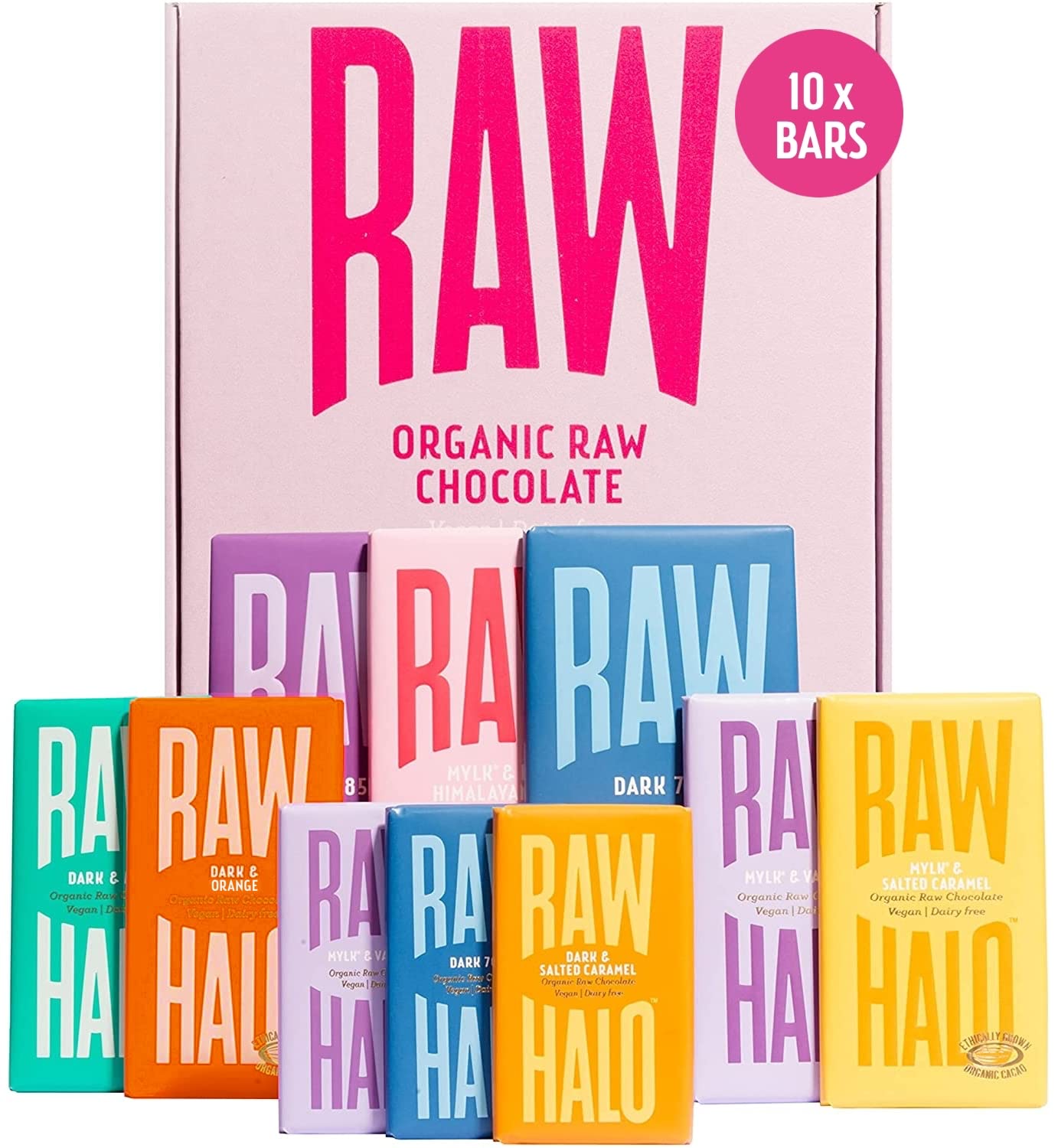 Raw Halo Vegan Chocolate Bar – Dark & Mylk Collection – 10 Pack