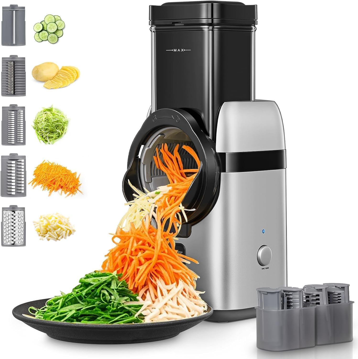 FOHERE 5-in-1 Electric Cheese Grater & Vegetable Shredder with Storage
