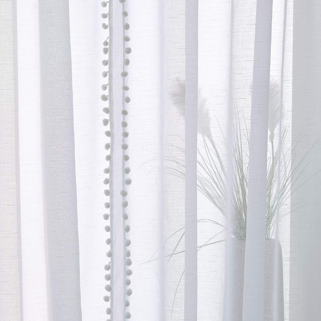 Snow White Pom Pom Sheer Curtains | Linen Look Voile - 52 x 90