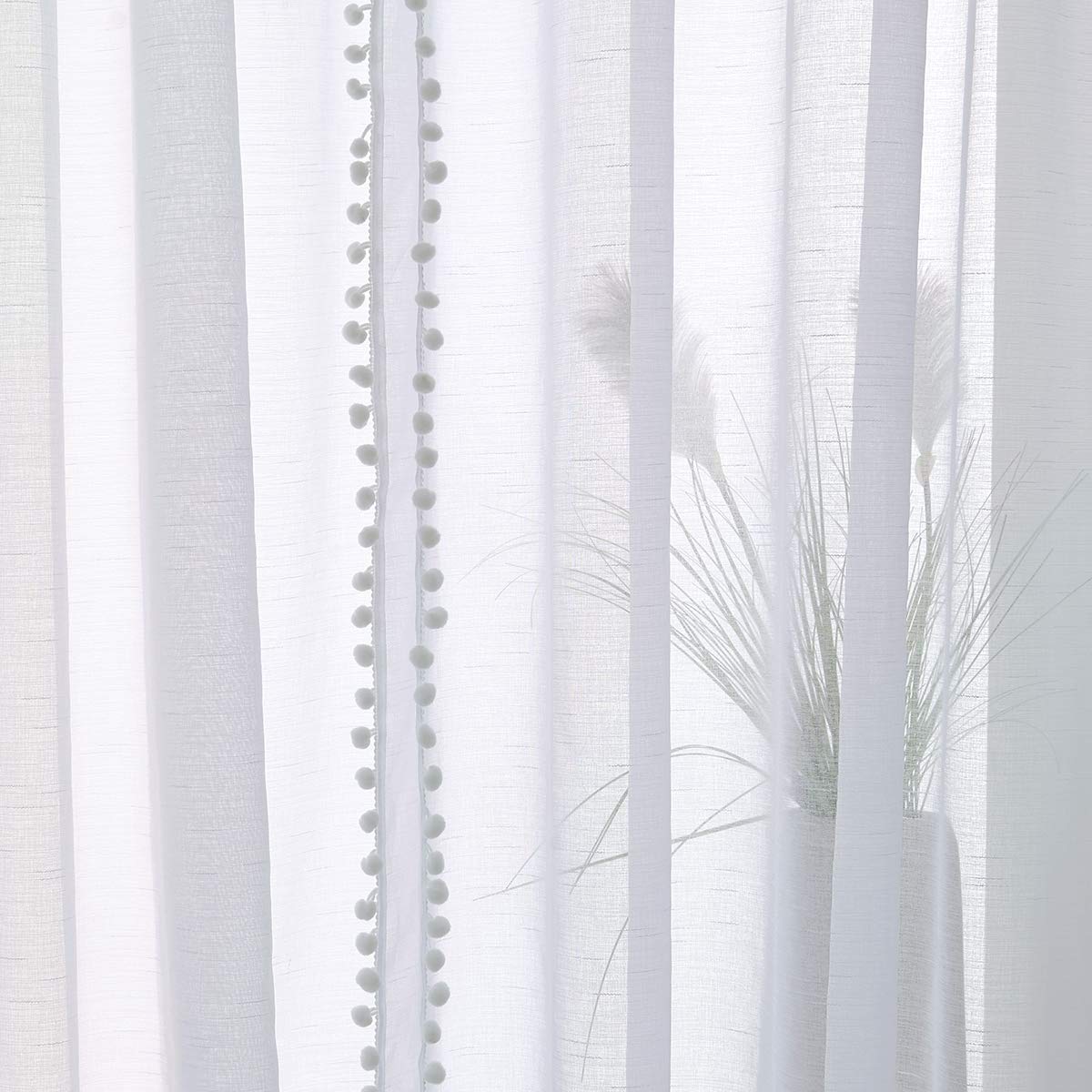 Snow White Pom Pom Sheer Curtains | Linen Look Voile - 52 x 90