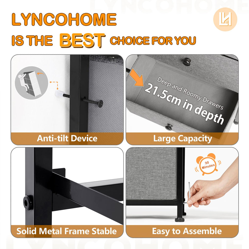 Lyncohome 9-Drawer Fabric Dresser | Grey Storage Unit with Wooden Top