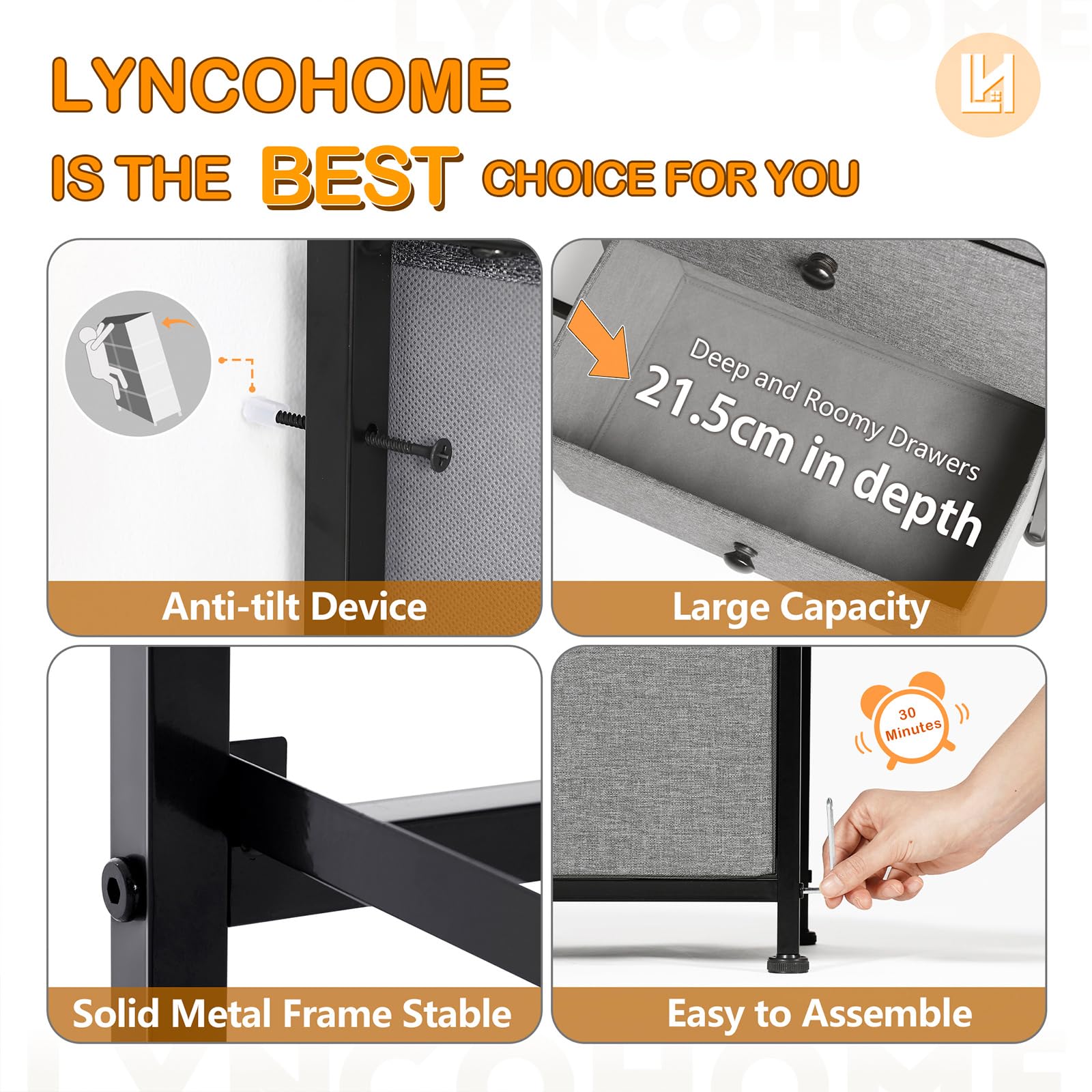 Lyncohome 9-Drawer Fabric Dresser | Grey Storage Unit with Wooden Top
