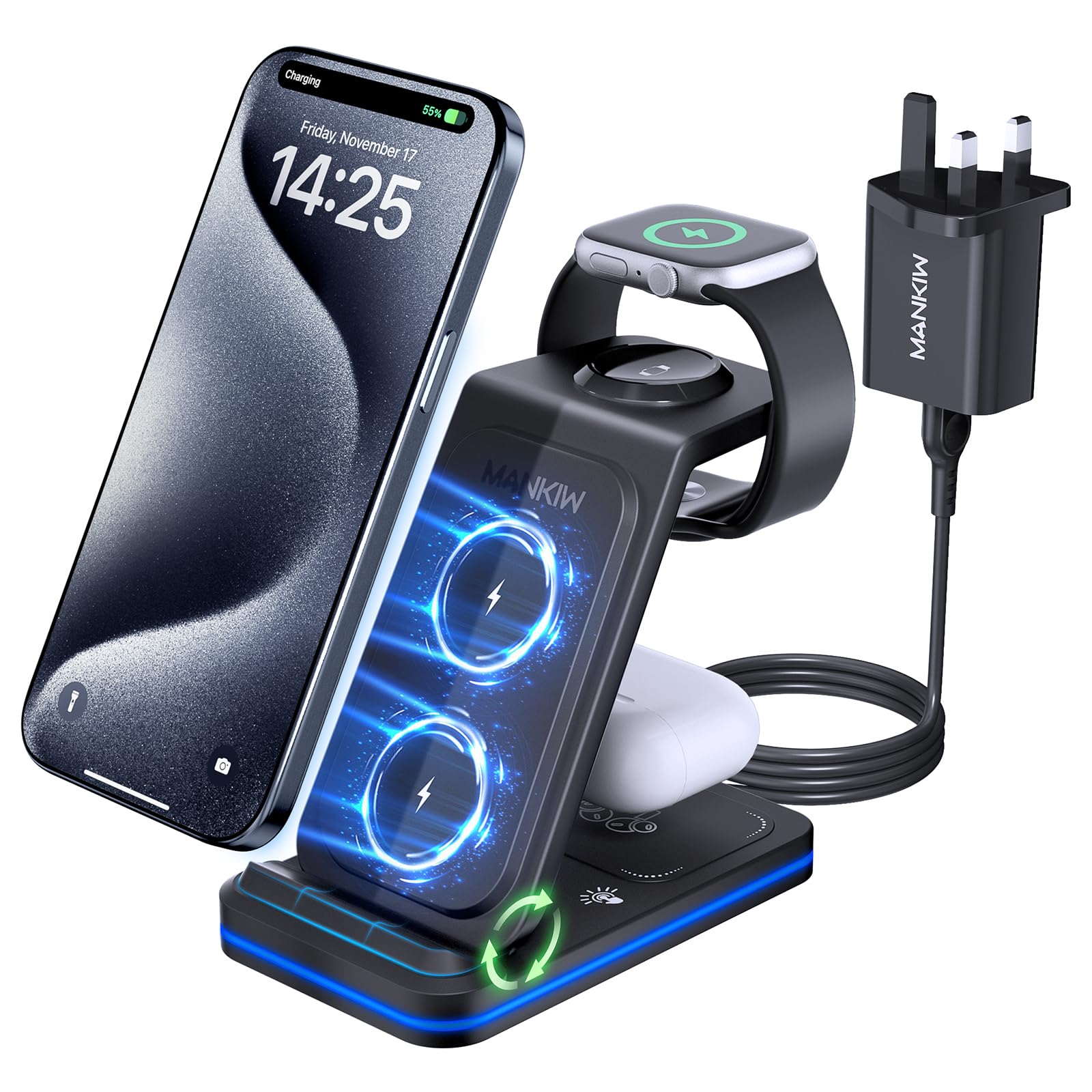 MANKIW 3-in-1 Foldable Wireless Charging Station for iPhone & iWatch