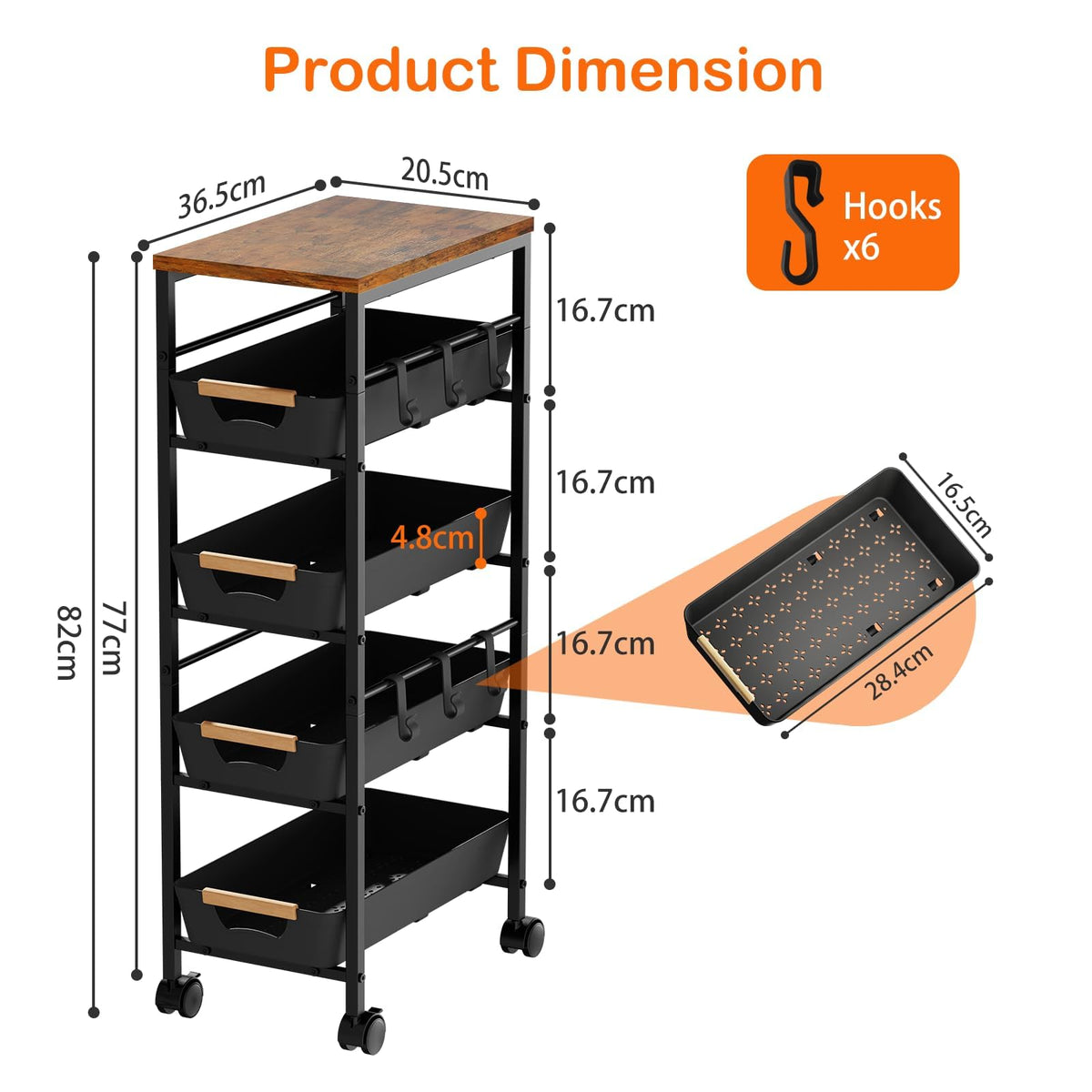 Uwoodia 5-Tier Slim Storage Trolley on Wheels, Metal Kitchen Rolling Cart with Pull-Out Baskets - image 5