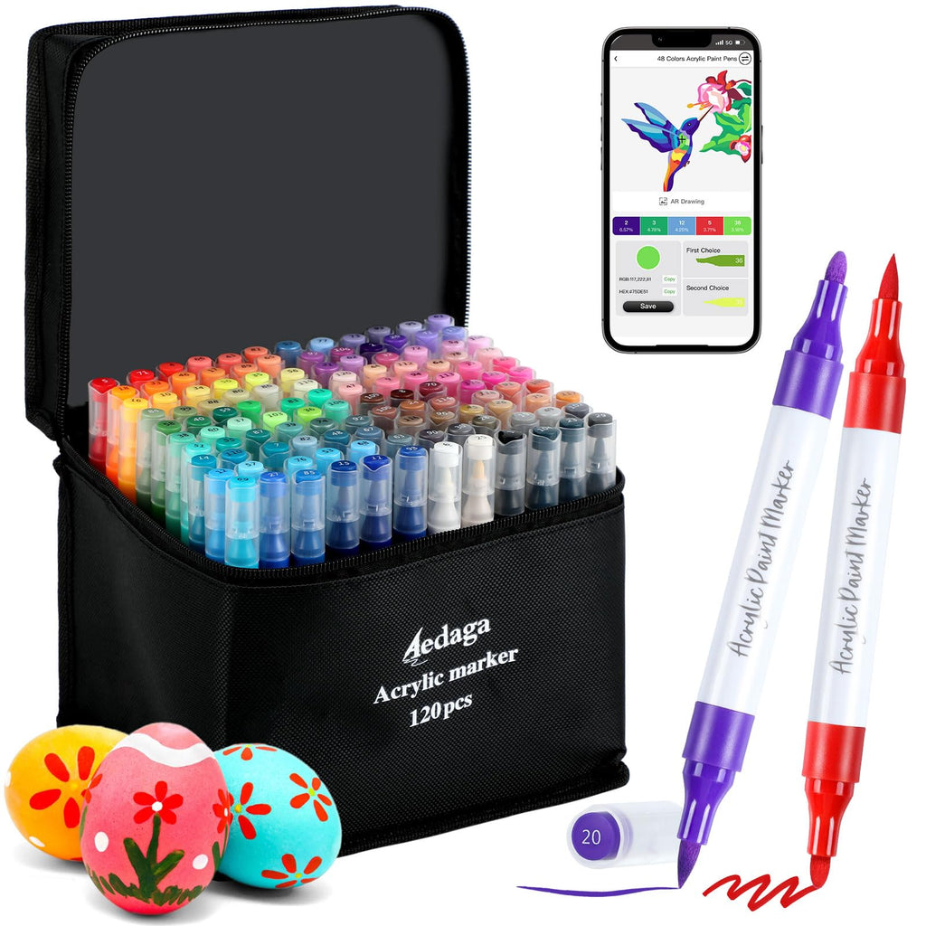 120 Color Dual Tip Acrylic Paint Pens with App for Rock Painting