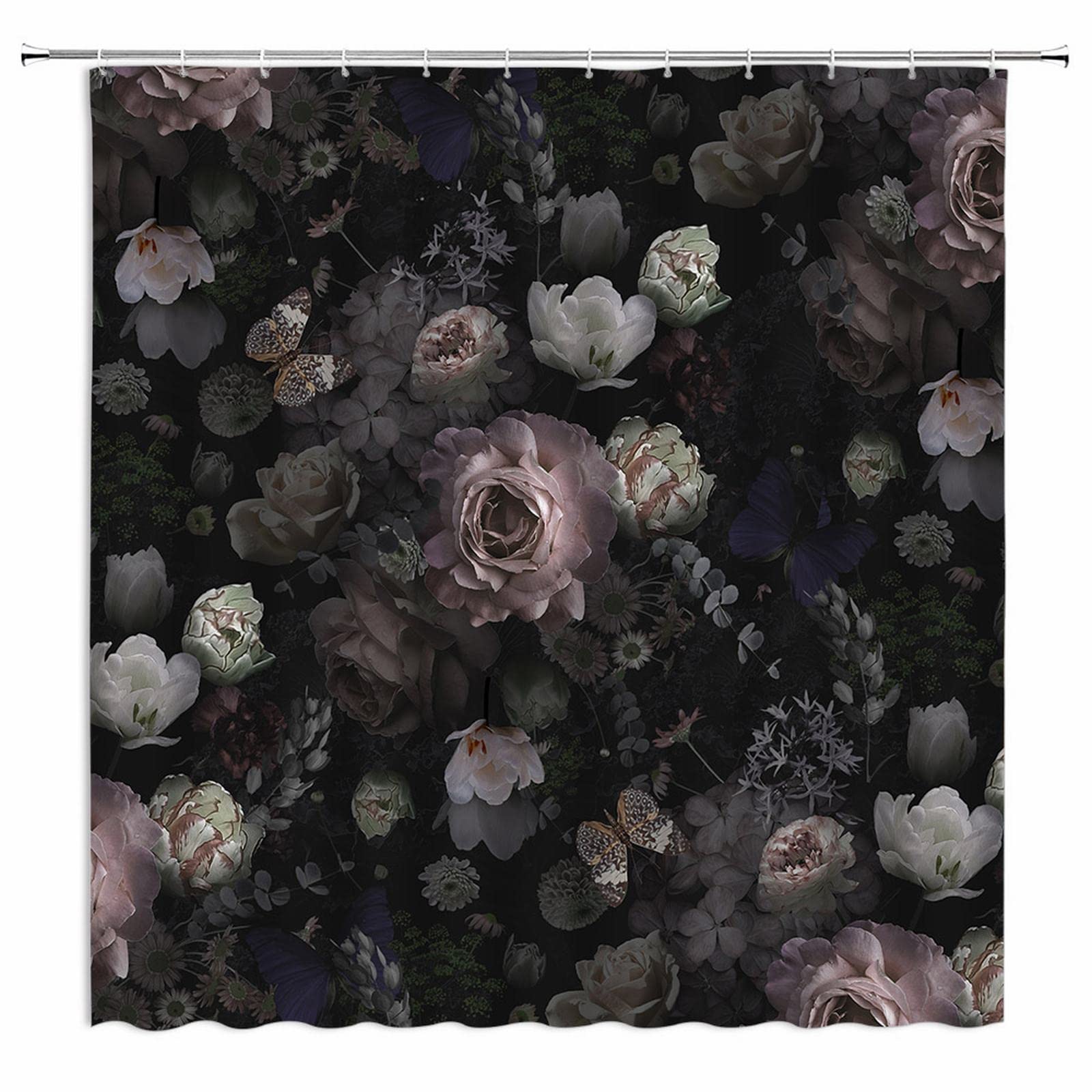 Black Floral Shower Curtain – Vintage Peony Fabric Decor