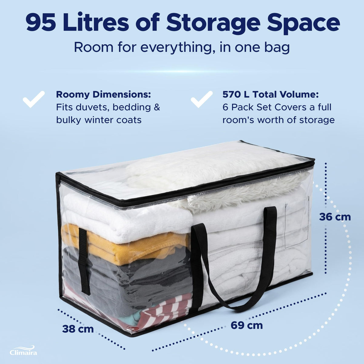 CLIMAIRA Extra Large Clear Storage Bags | 6 Pack 95L Heavy Duty Moving & Packaging Bags | Water Resistant, Double Zip & Handles for Bedding, Clothes - image 2