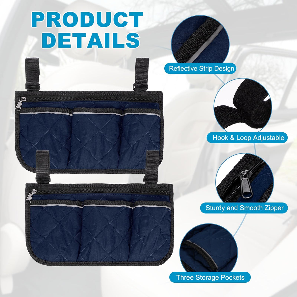 YELARXI Beach Chair Armrest Bag, Beach Side Bag Hanging Storage Organizer with Reflective 4 Pockets Waterproof Pouch 13 x 7" & 2Pcs & Blue - Fit for - image 3