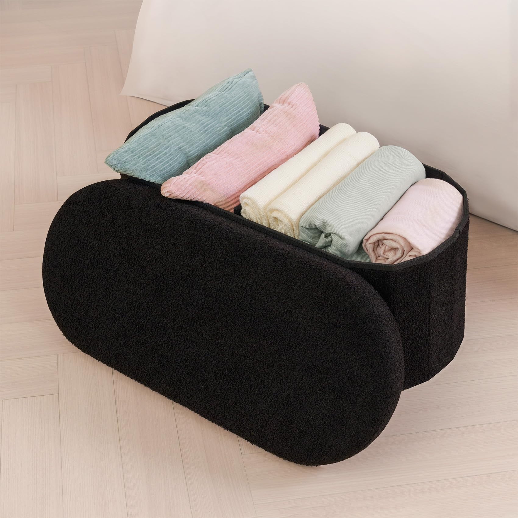 Bonlife Folding Boucle Storage Ottoman Bench | Oval Footstool - Black
