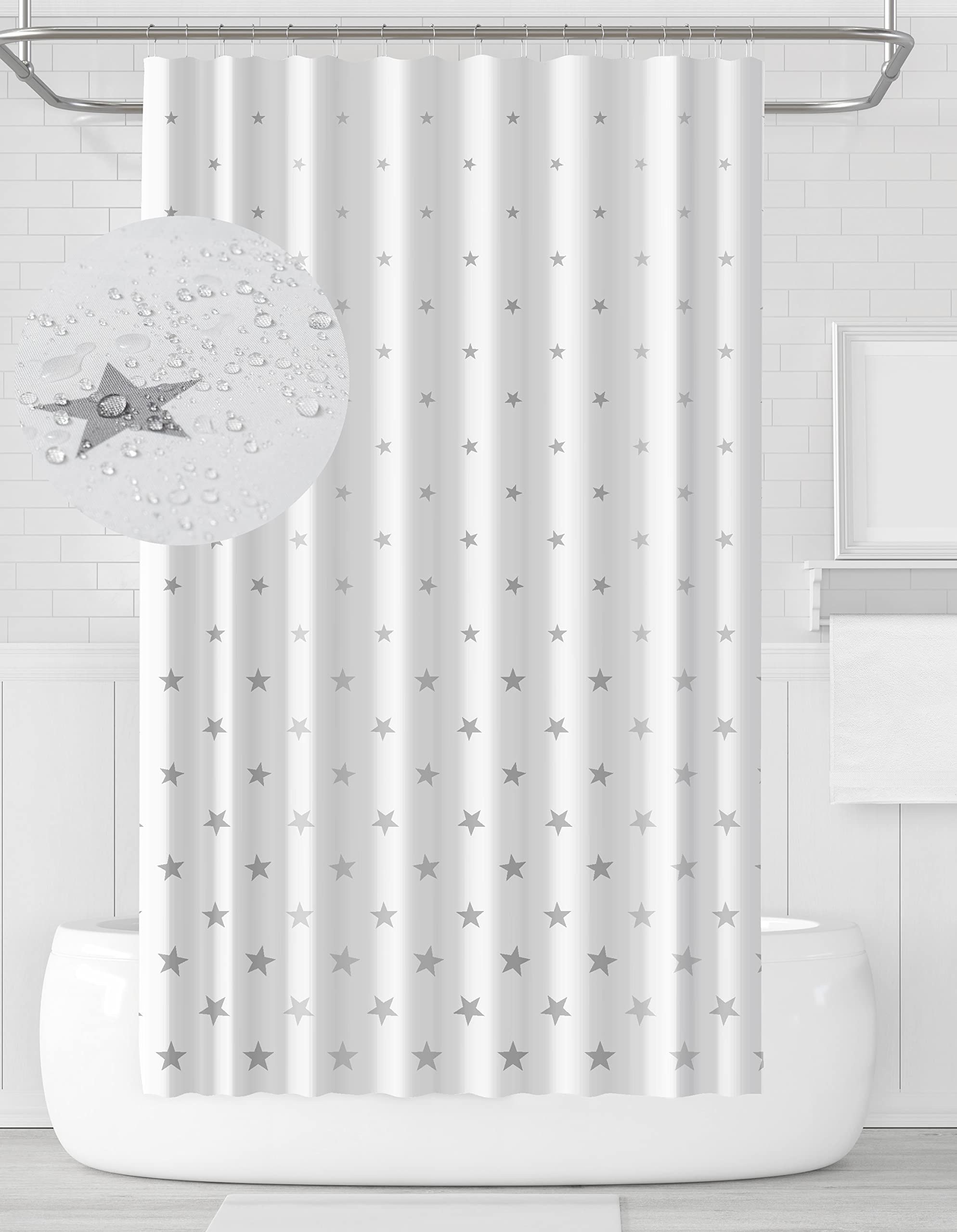 YOUNG DA Grey & White Pentagram Fabric Shower Curtain – 72x72 Inch