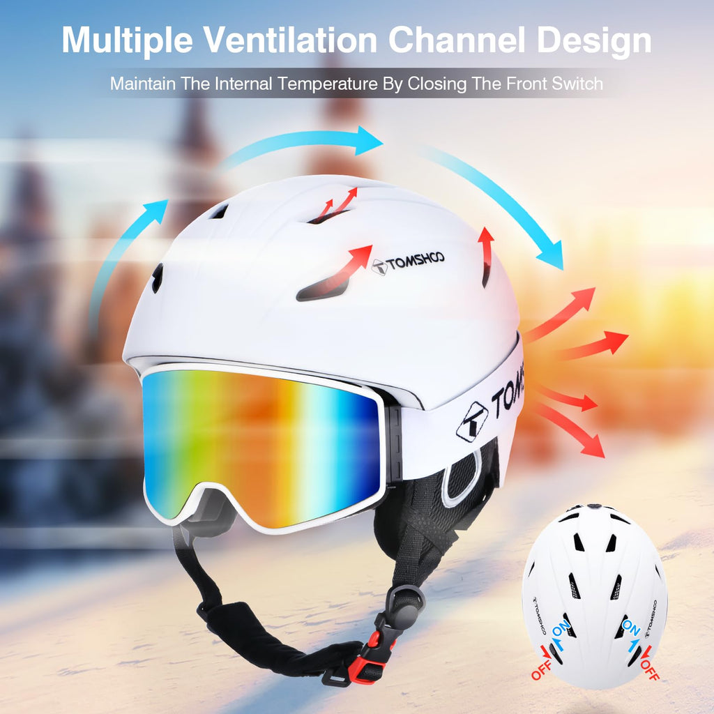 TOMSHOO Ski Helmet and Goggles Set | Shockproof Snowboard Gear - White