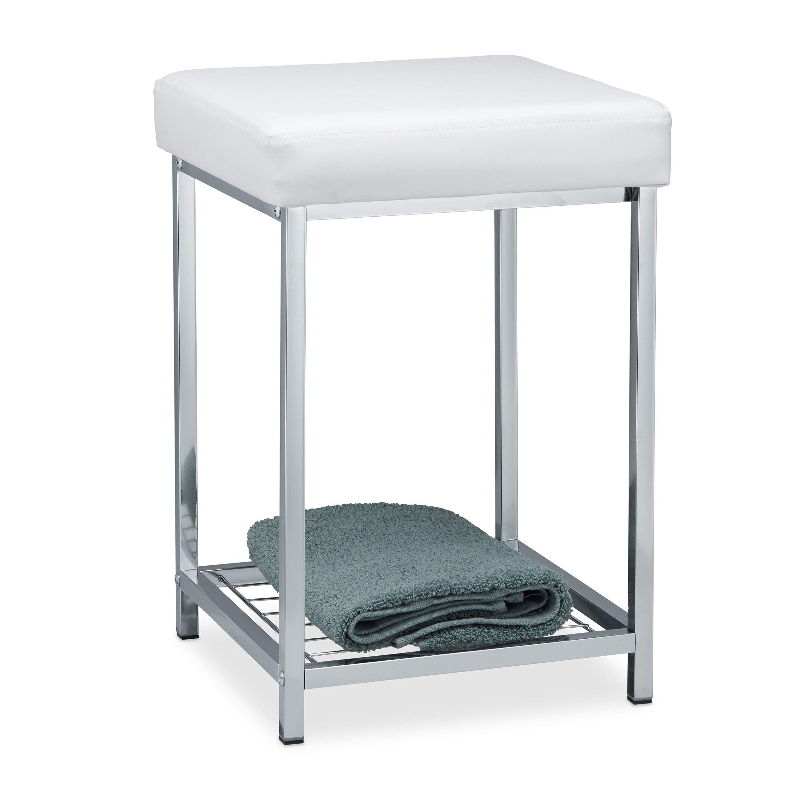 Relaxdays White Faux Leather Upholstered Stool with Storage Shelf