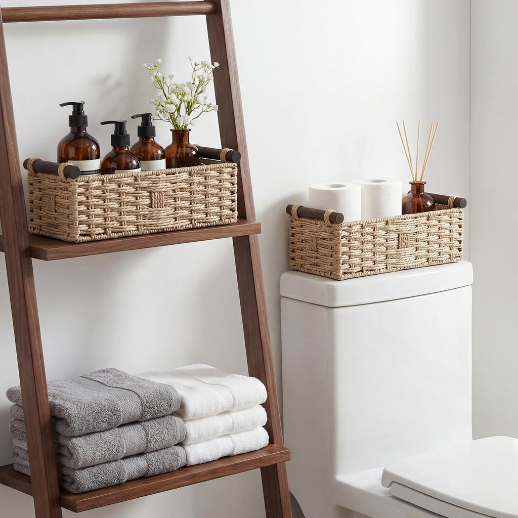 Paper Rope Storage Wicker Baskets for Toilet Tank Top with Wooden Handle Small Decorative Organizer Bin Rectangular Tray for Countertop Shelf Beige - image 4