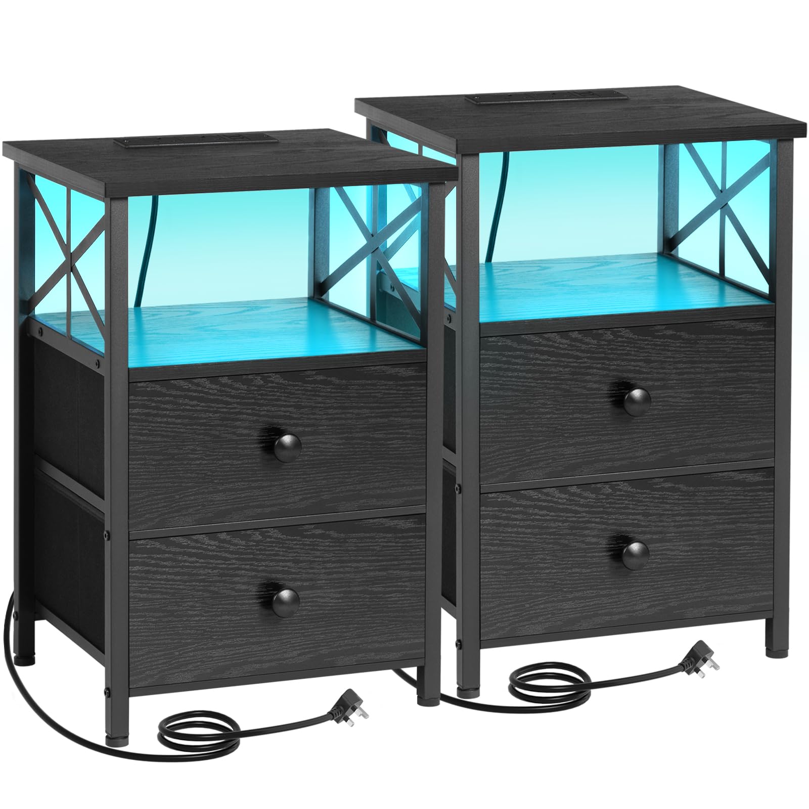 AMHANCIBLE Bedside Table Set of 2 with Charging Station and LED Lights