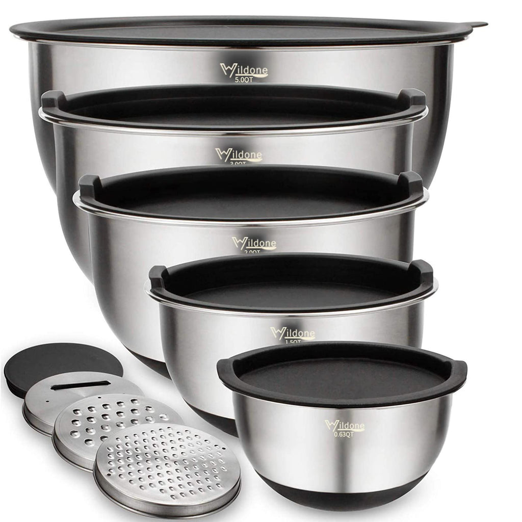 Wildone 5-Piece Stainless Steel Mixing Bowls with Airtight Lids & Graters