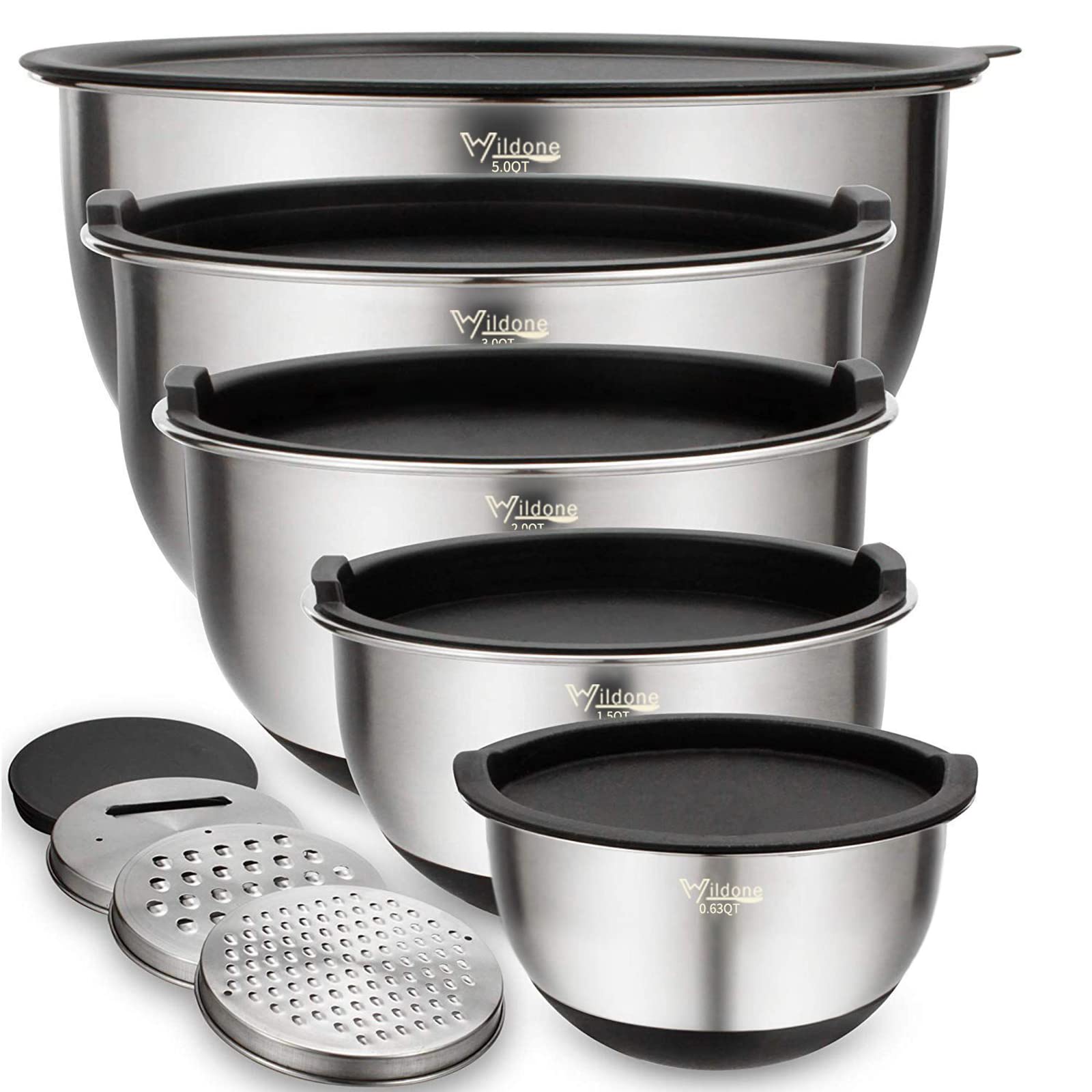 Wildone 5-Piece Stainless Steel Mixing Bowls with Airtight Lids & Graters