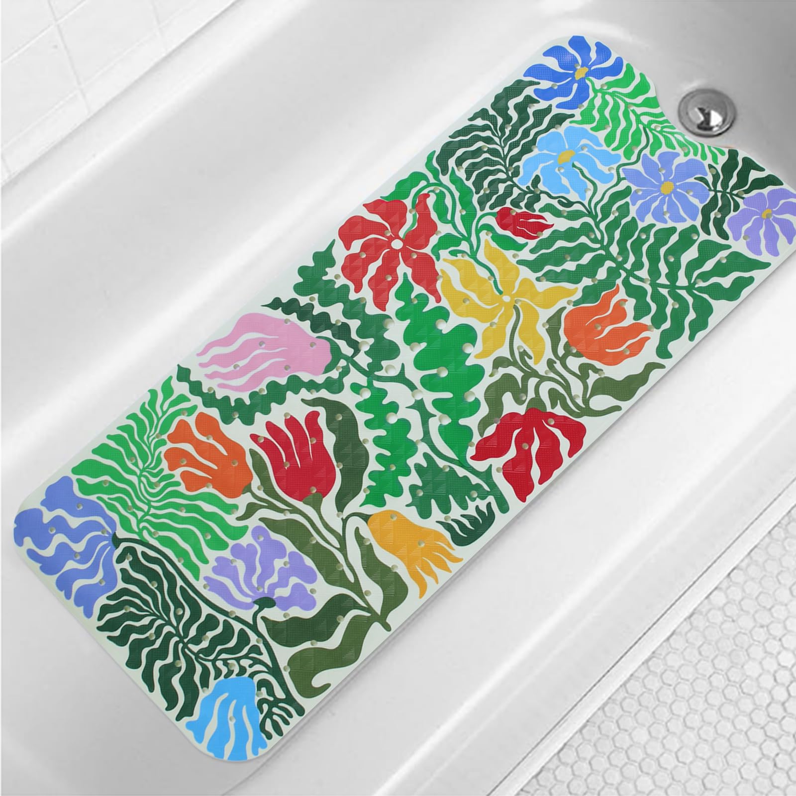 Jolof Store Non-Slip Bathtub Mat – Extra Long 40x16 Floral PVC Shower Mat