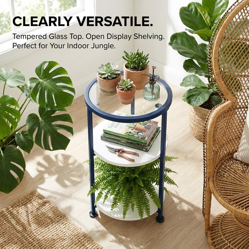 ZEXVIDA 3-Tier Round Side Table with Tempered Glass Top, Navy Blue - image 5