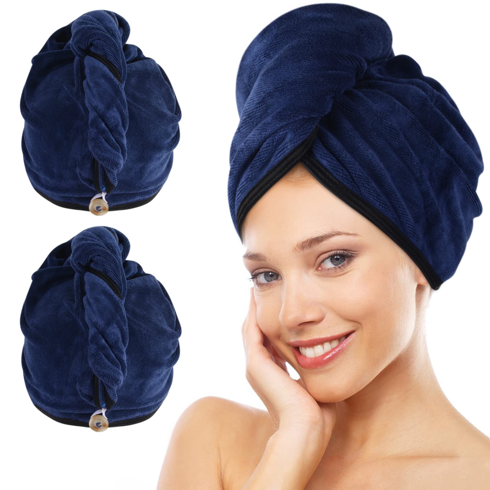 KinHwa Microfibre Hair Towel Wrap | Large Absorbent Turban 2 Pack – Navy