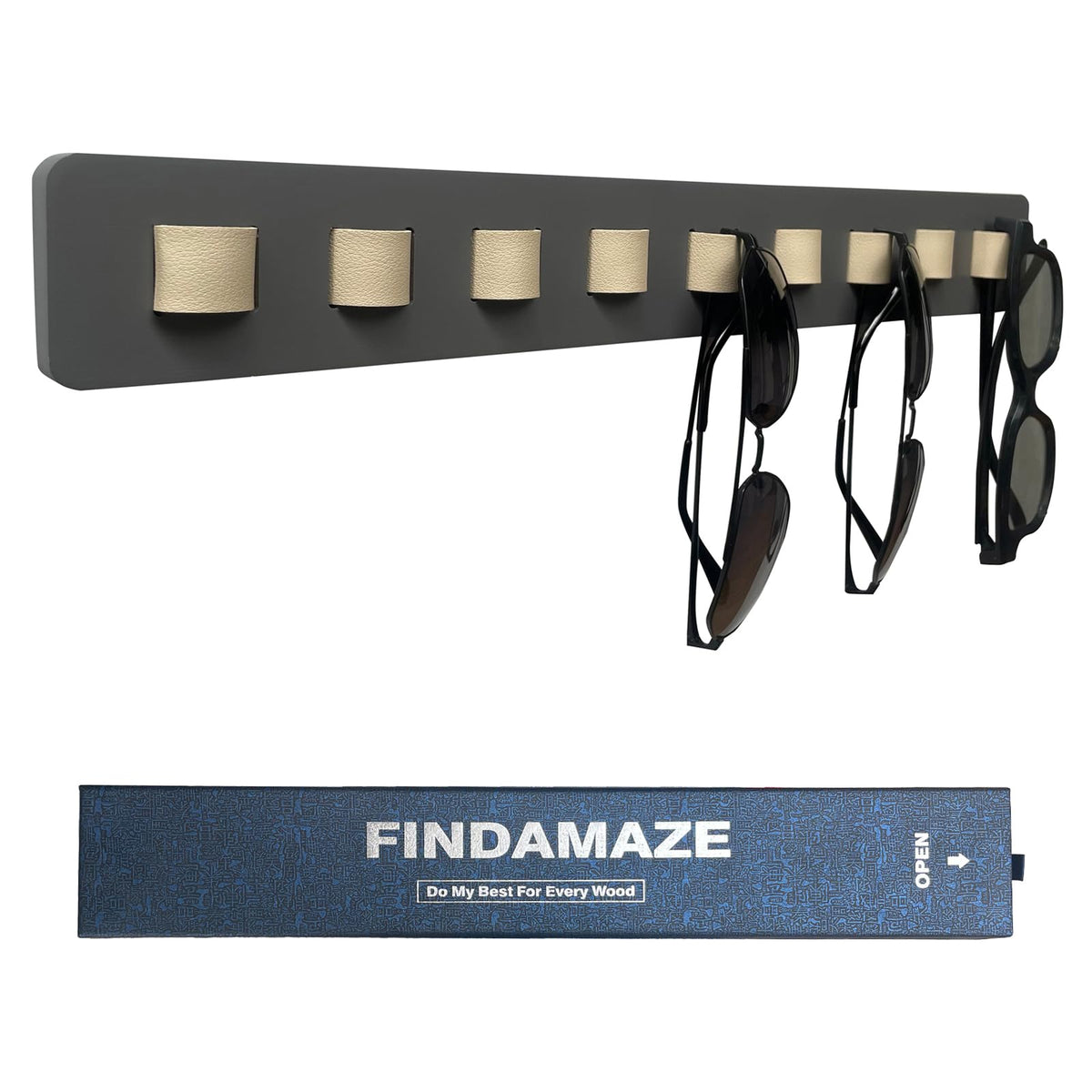 FINDAMAZE Wooden Sunglasses Organizer - Wall Mounted Sunglasses Rack/Stand - Display for Men or Women, Home Decor Gray-1pcs-long