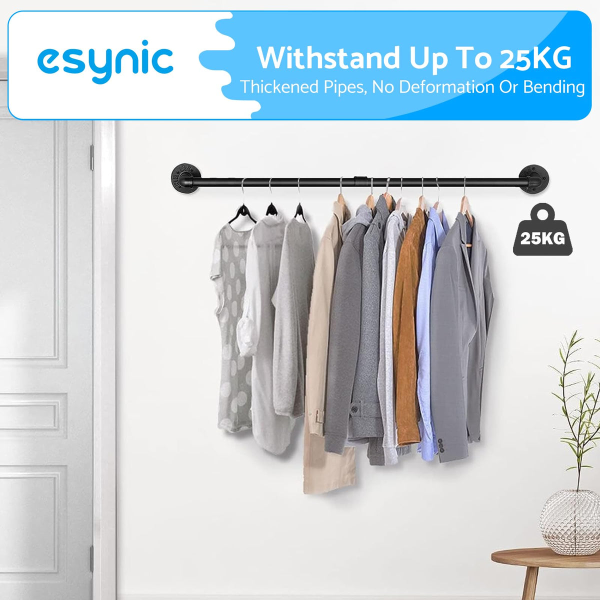 eSynic 60cm Black Industrial Wall Mounted Clothes Rail Heavy Duty - image 4