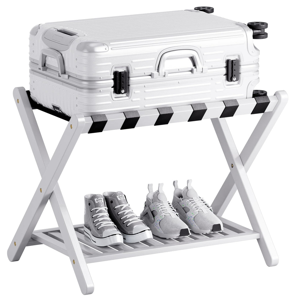 SMIBUY Foldable Bamboo Luggage Rack with Storage Shelf - White Suitcase Stand