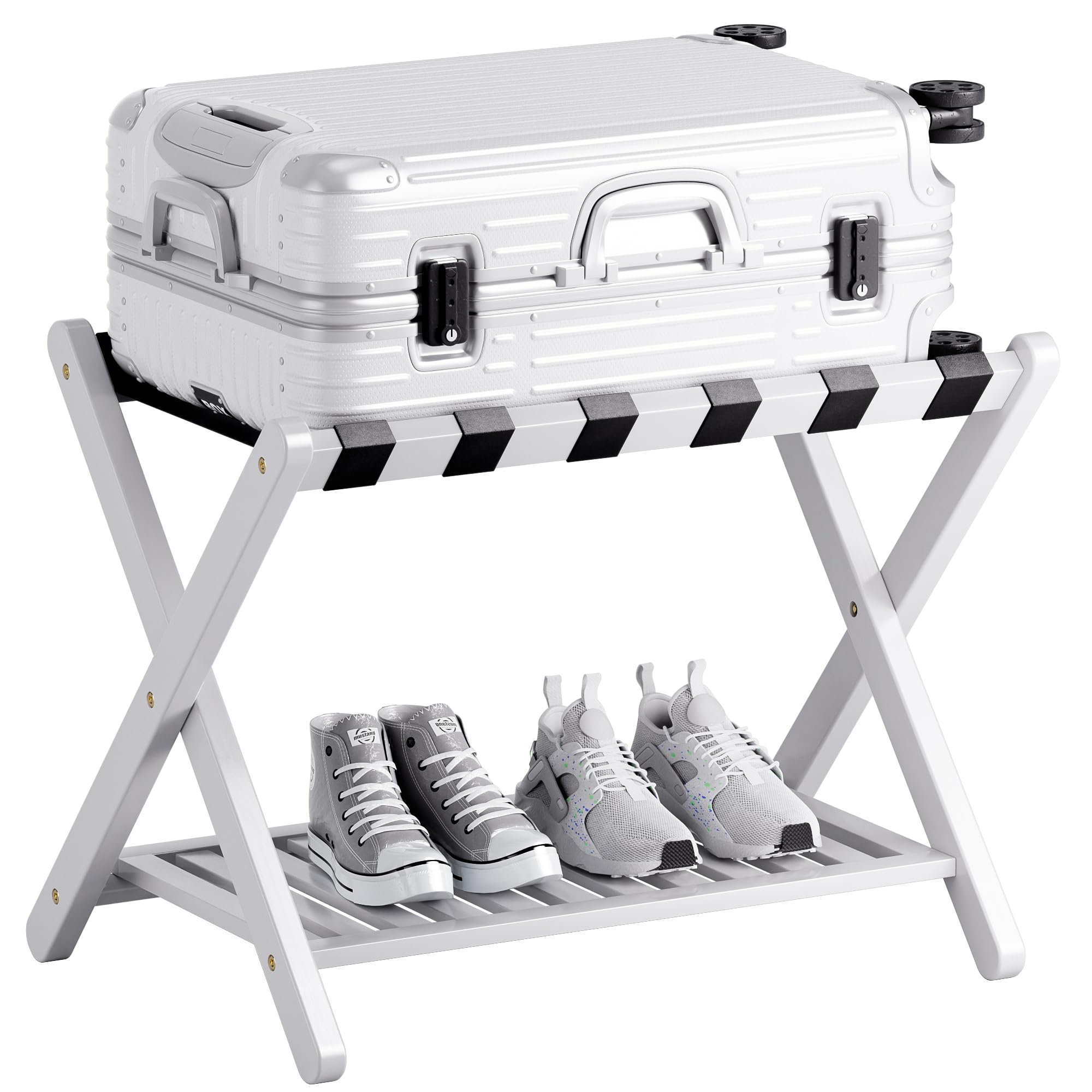 SMIBUY Foldable Bamboo Luggage Rack with Storage Shelf - White Suitcase Stand
