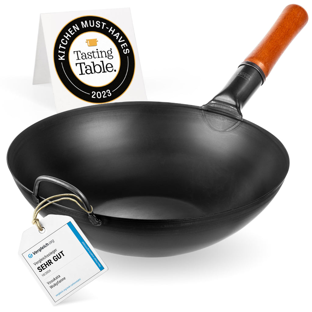 Yosukata 34 cm Carbon Steel Wok Pan – Pre-Seasoned Flat Bottom Pow Wok