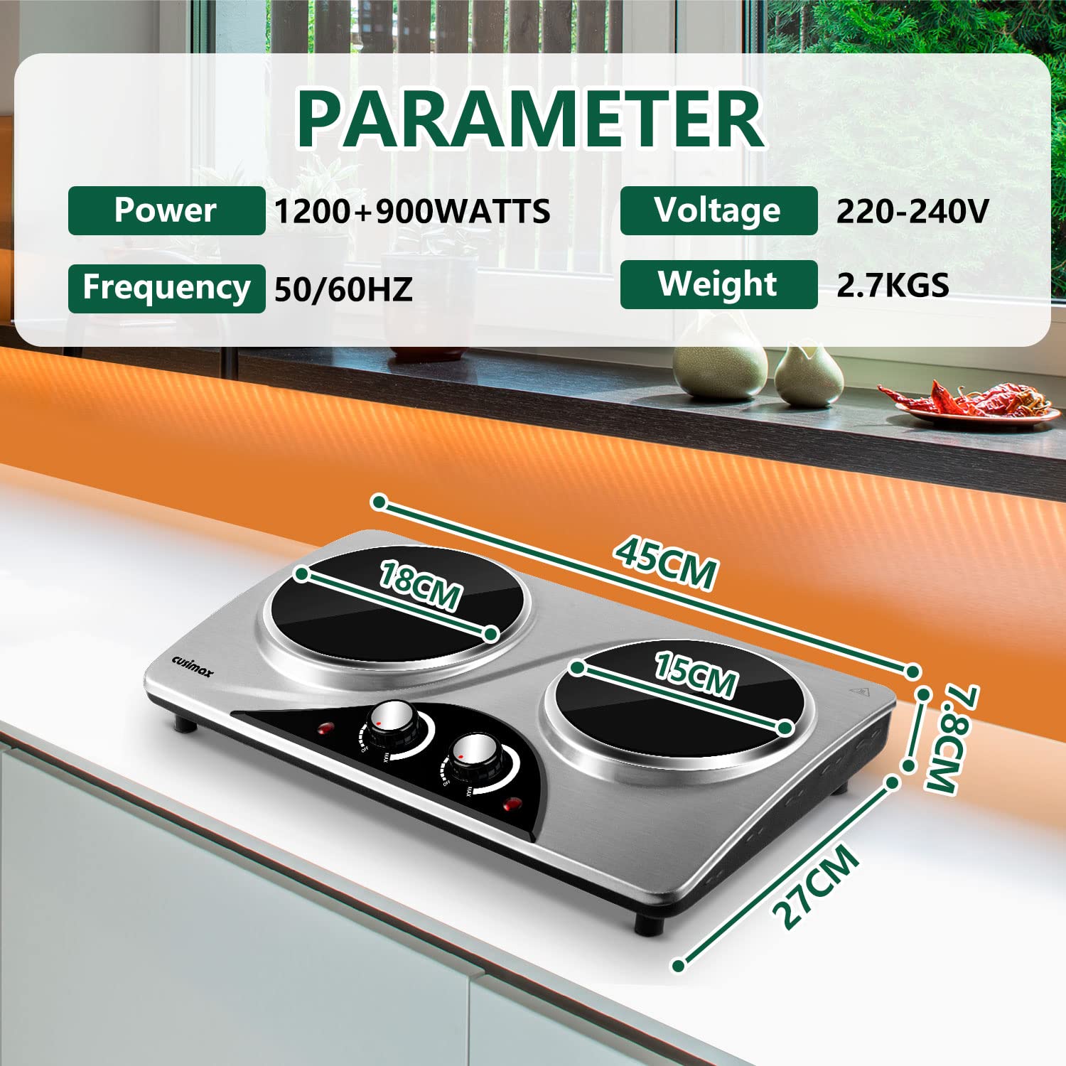 CUSIMAX Double Infrared Hot Plate | 2100W Portable Electric Hob Cooktop