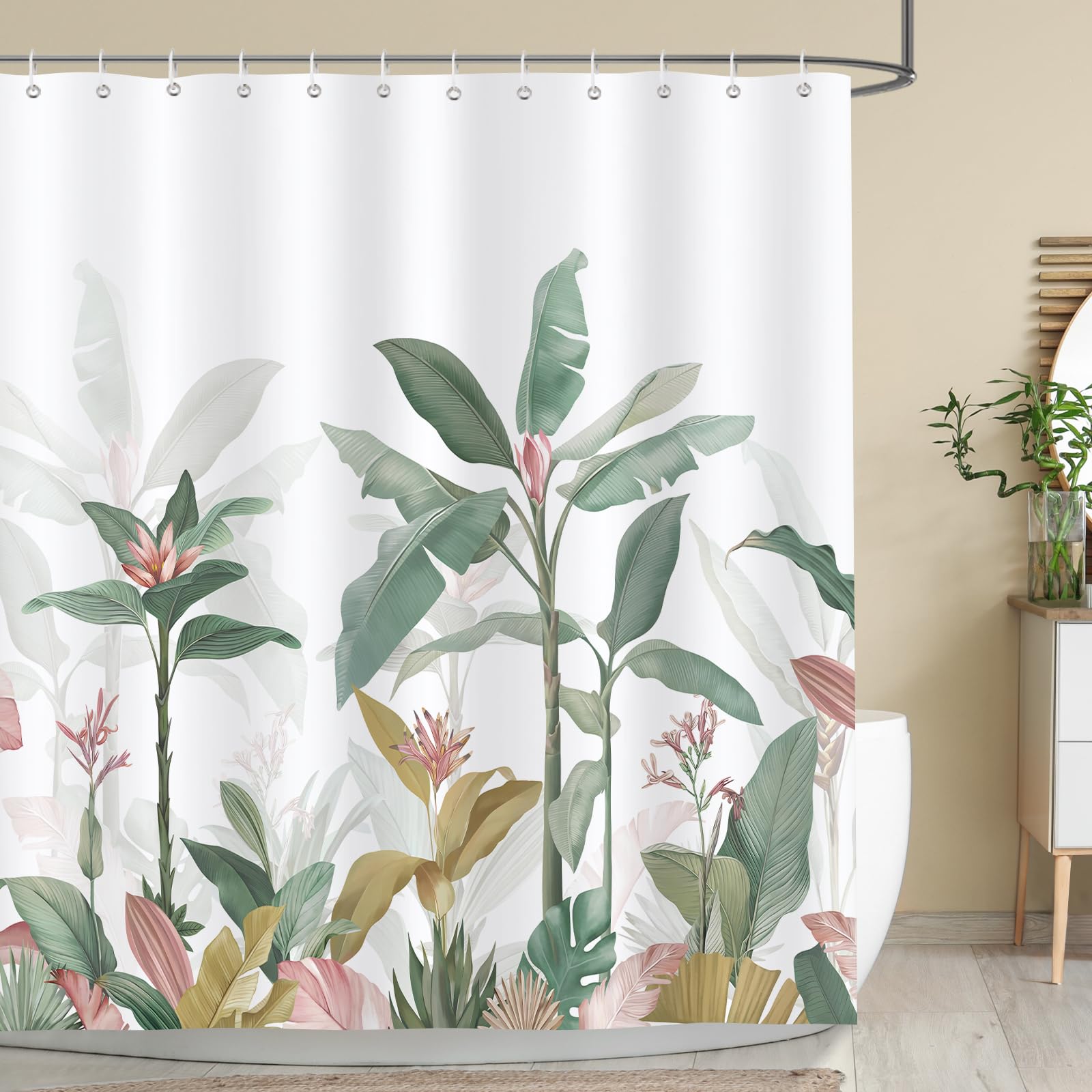 Bonhause Tropical Leaves Shower Curtain | Pink & Green Waterproof Polyester