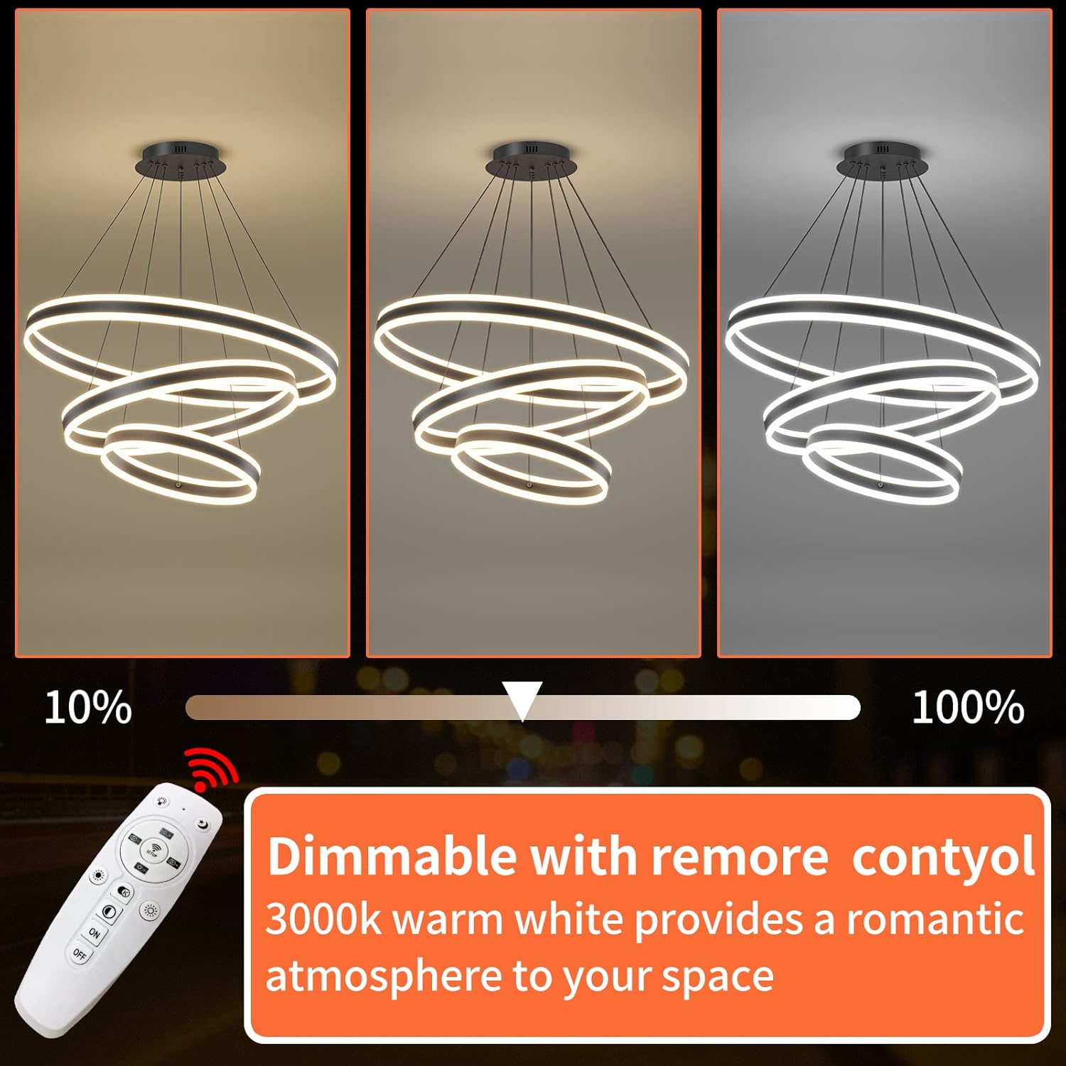 Mikeru 3-Ring LED Pendant Light – Dimmable Modern Chandelier, 20+40+60cm