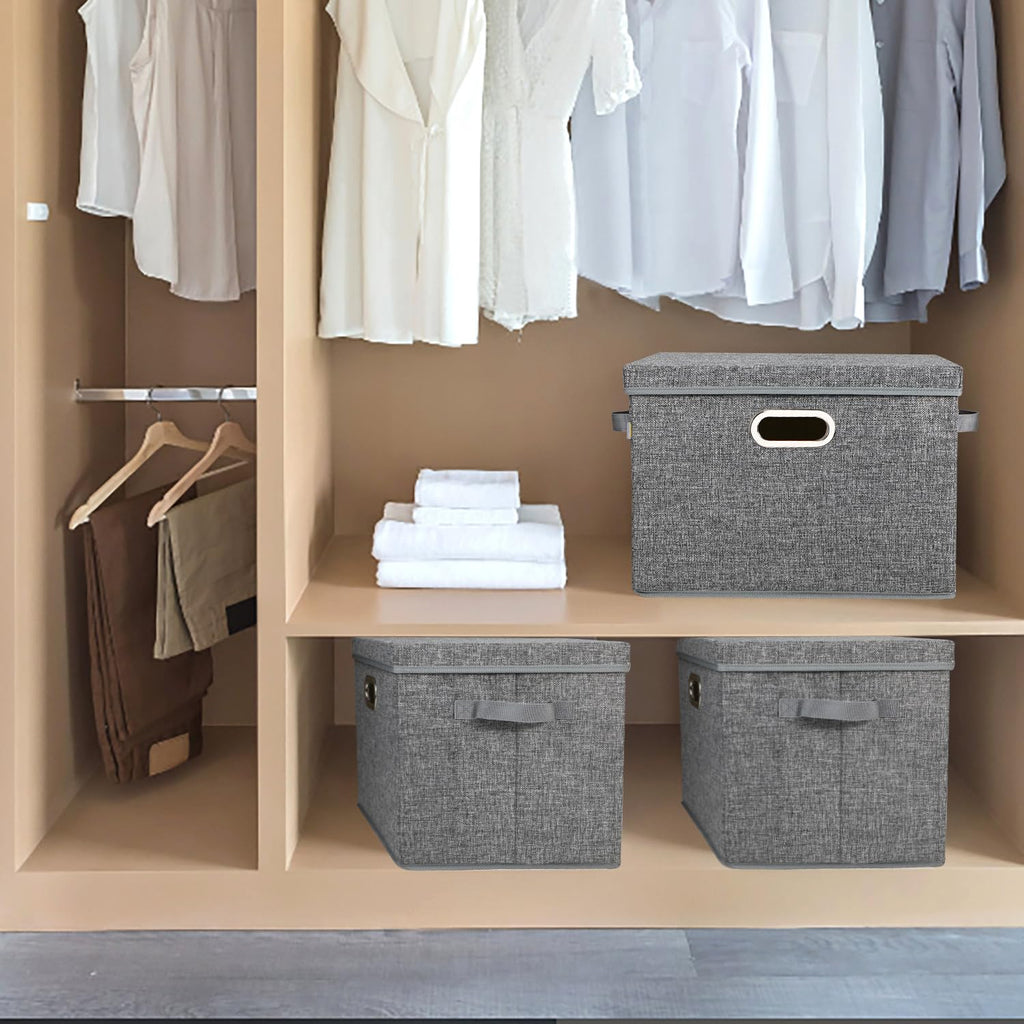 Voova 3-Pack Large Linen Fabric Storage Bins with Lids – Stackable Organizers