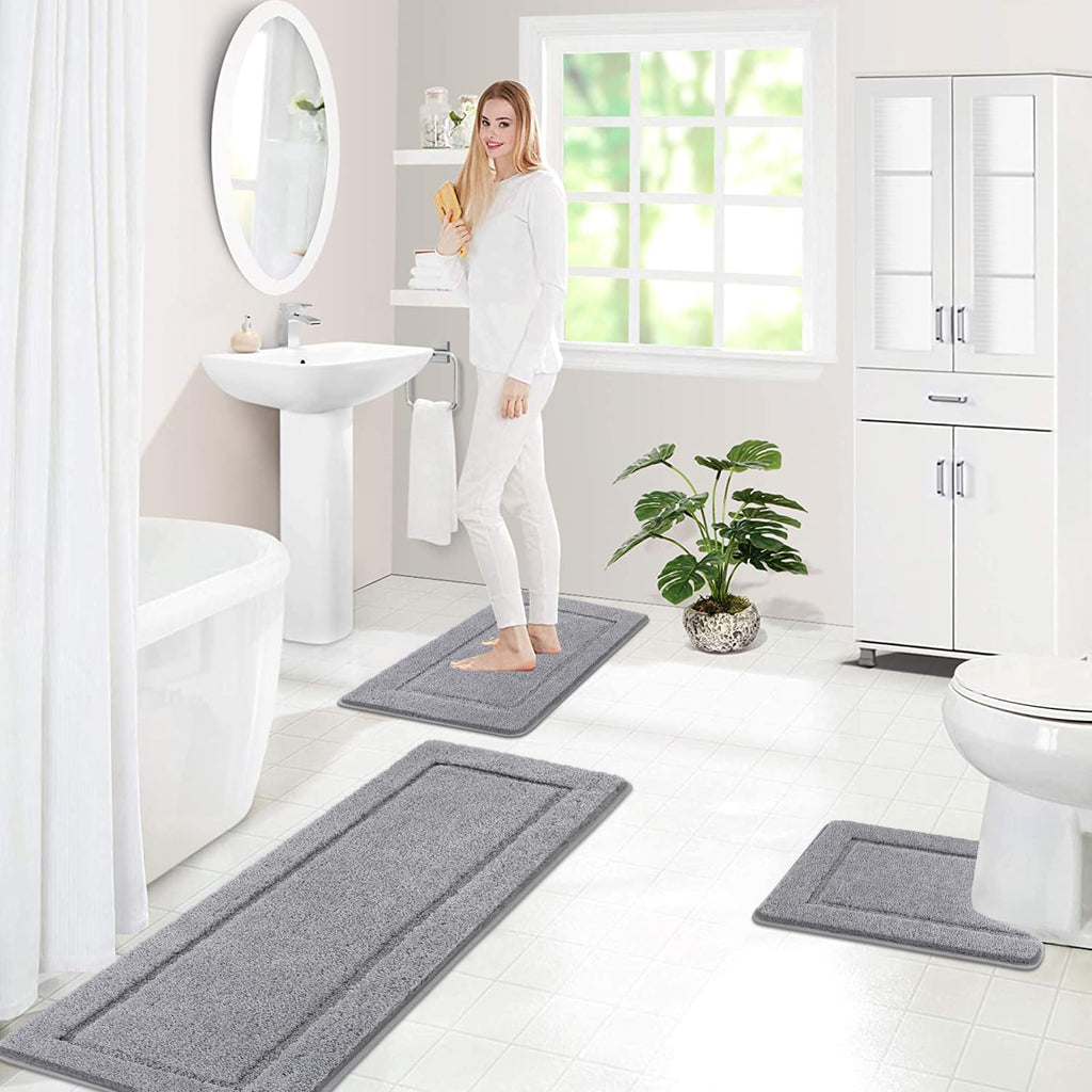 Pauwer 3-Piece Microfiber Bath Mat Set | Non-Slip Absorbent Rugs, Grey