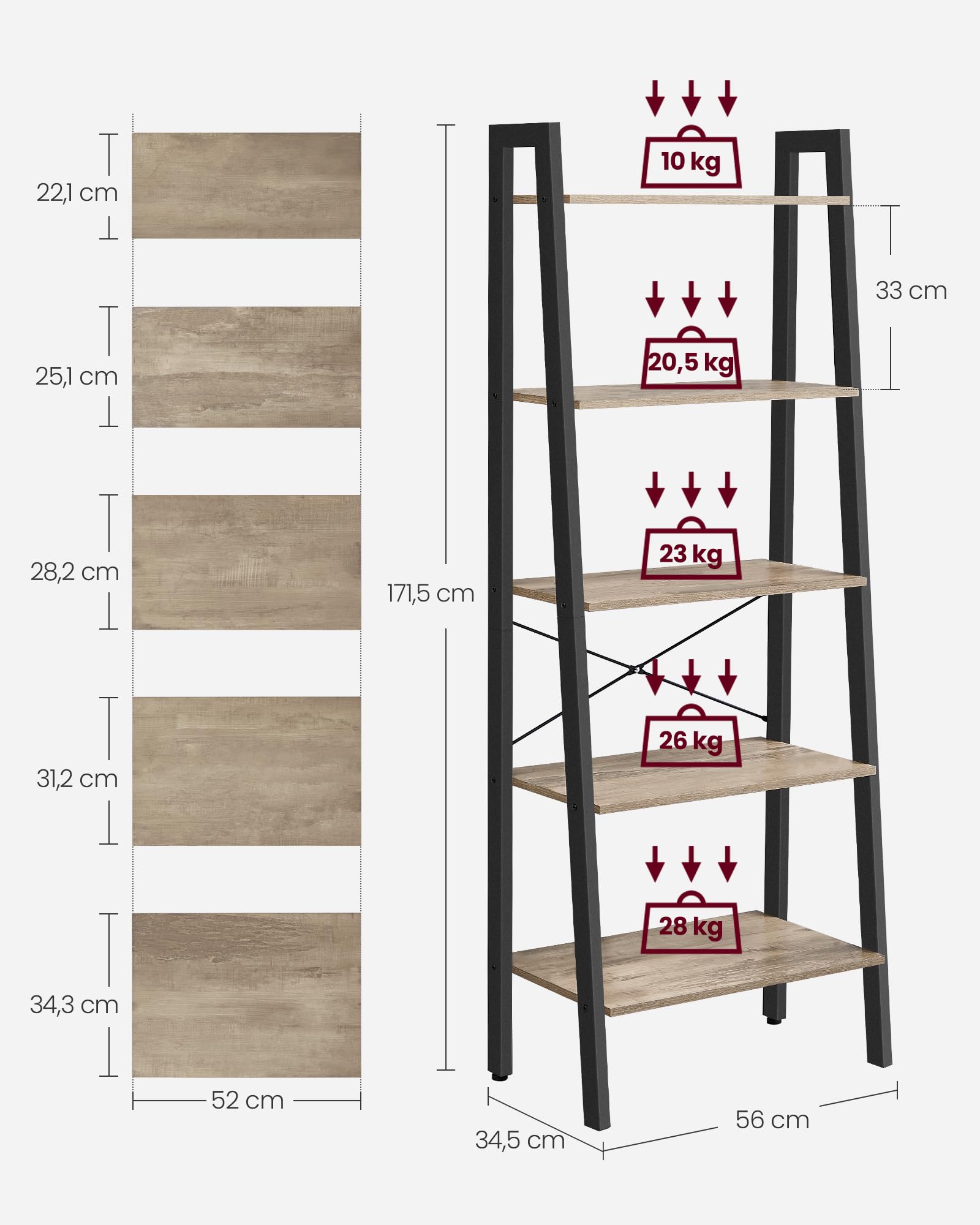 VASAGLE 5-Tier Industrial Ladder Shelf – Steel Frame Bookcase, Brown