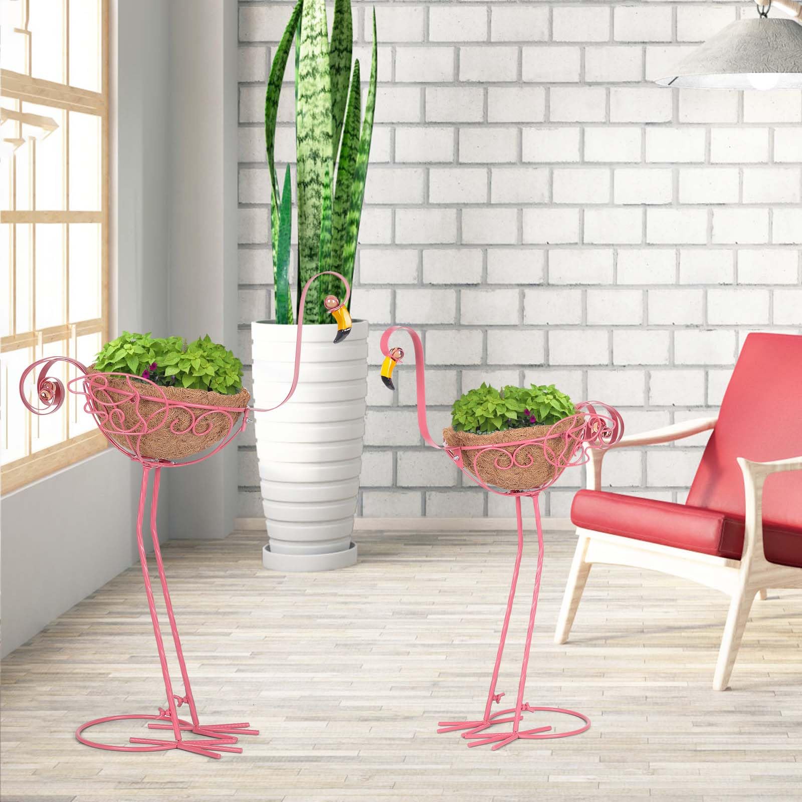 Jolof Store Flamingo Metal Garden Planters | Set of 2 Pink Outdoor Decor