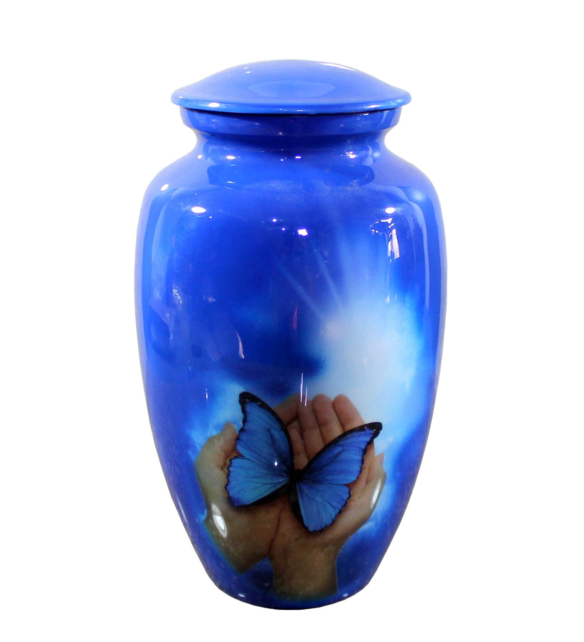 eSplanade Metal Cremation Urn - Blue Butterfly Memorial Jar - 10 Inch